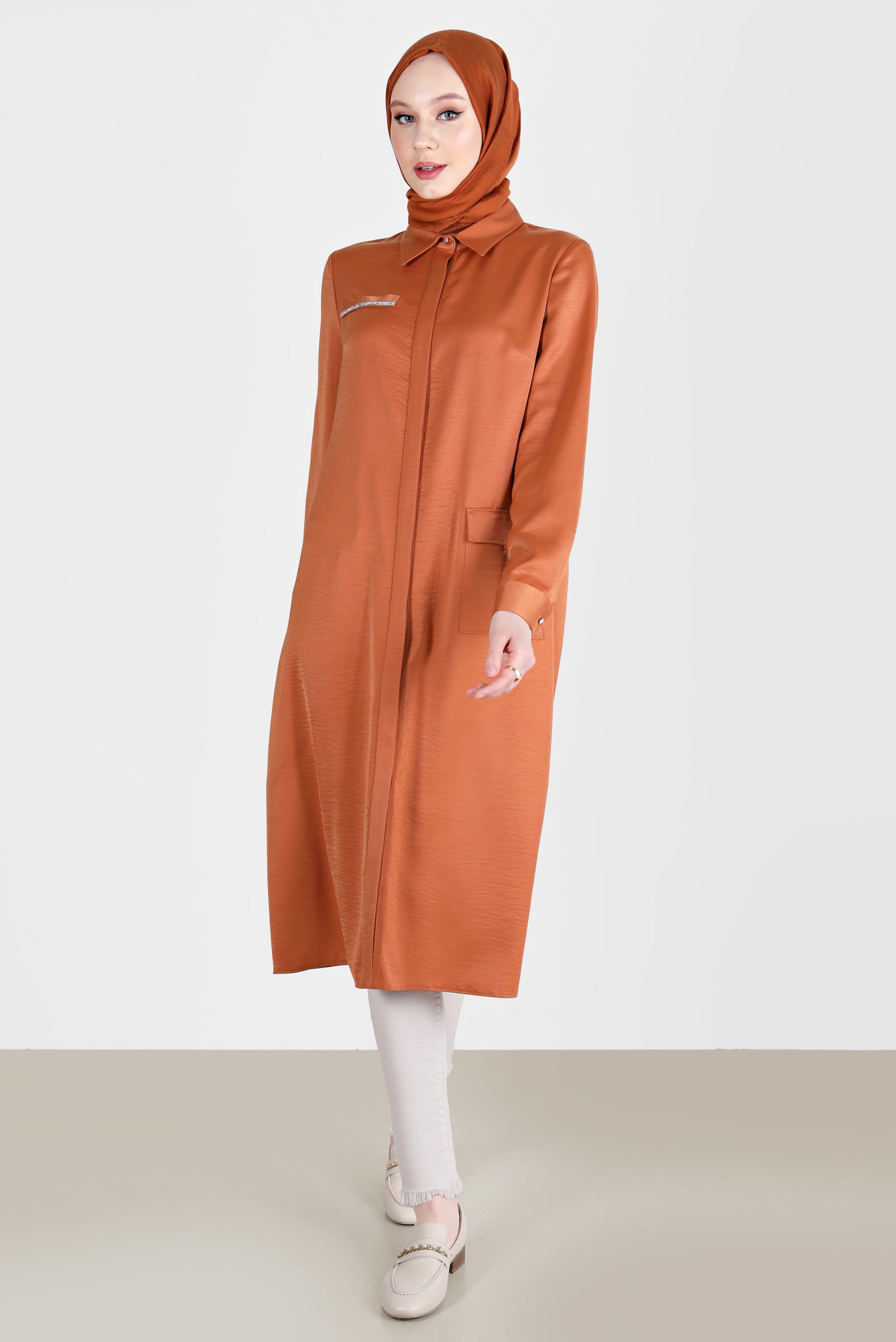 Tesettür giyim TURUNCU TAŞ DETAYLI CEPLİ TUNİK 42500
