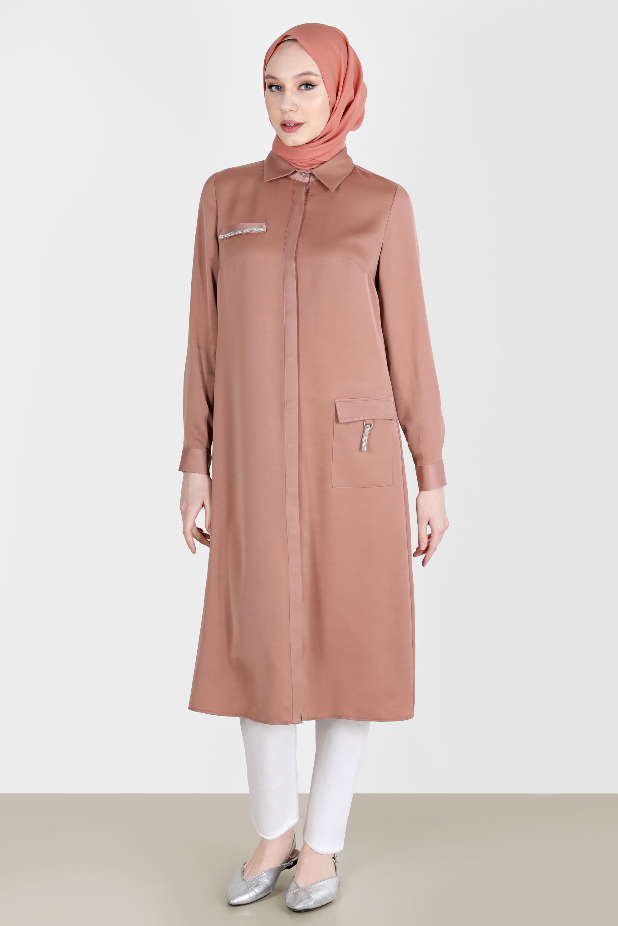 Tesettür giyim PUDRA TAŞ DETAYLI CEPLİ TUNİK 42500