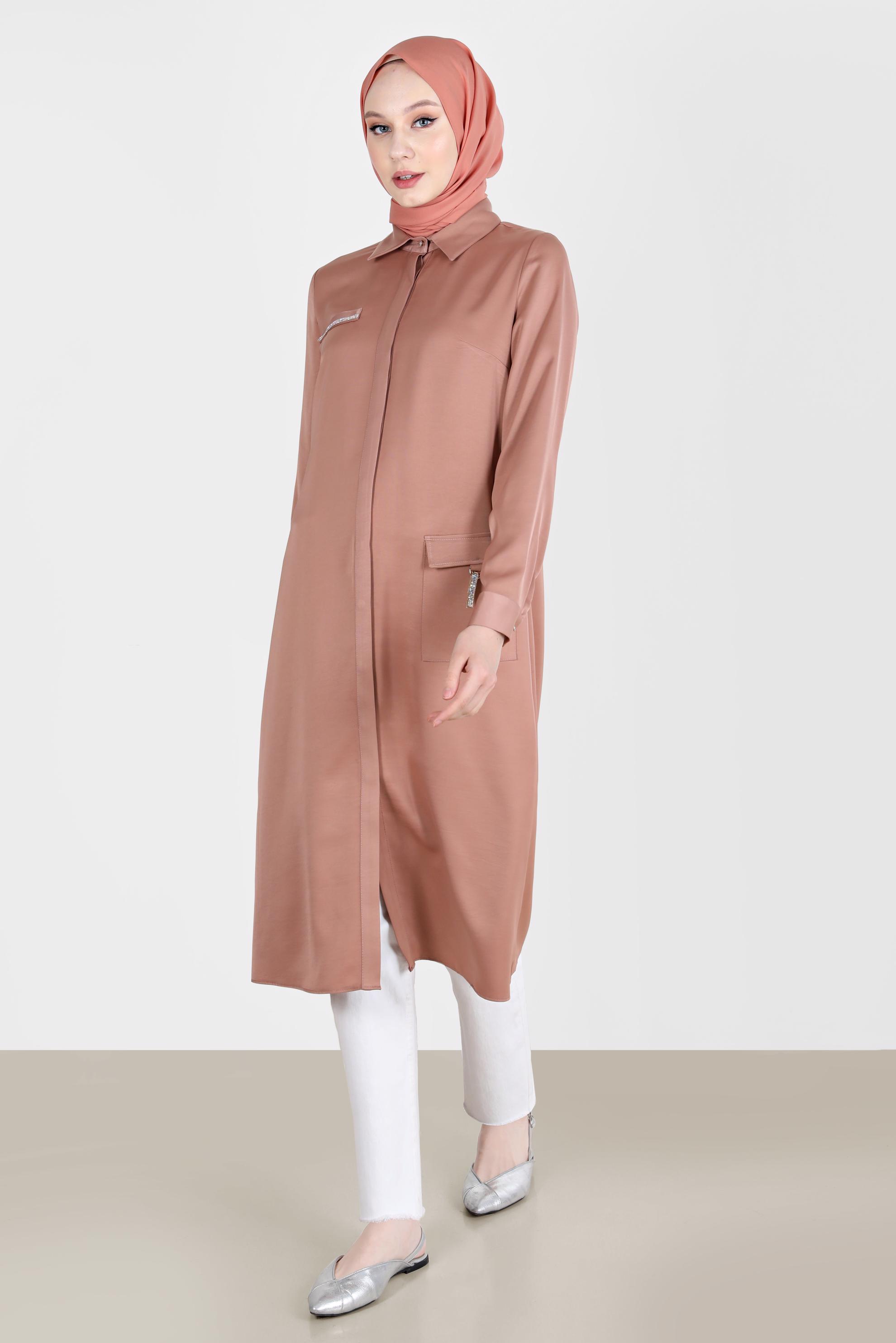 Tesettür giyim PUDRA TAŞ DETAYLI CEPLİ TUNİK 42500