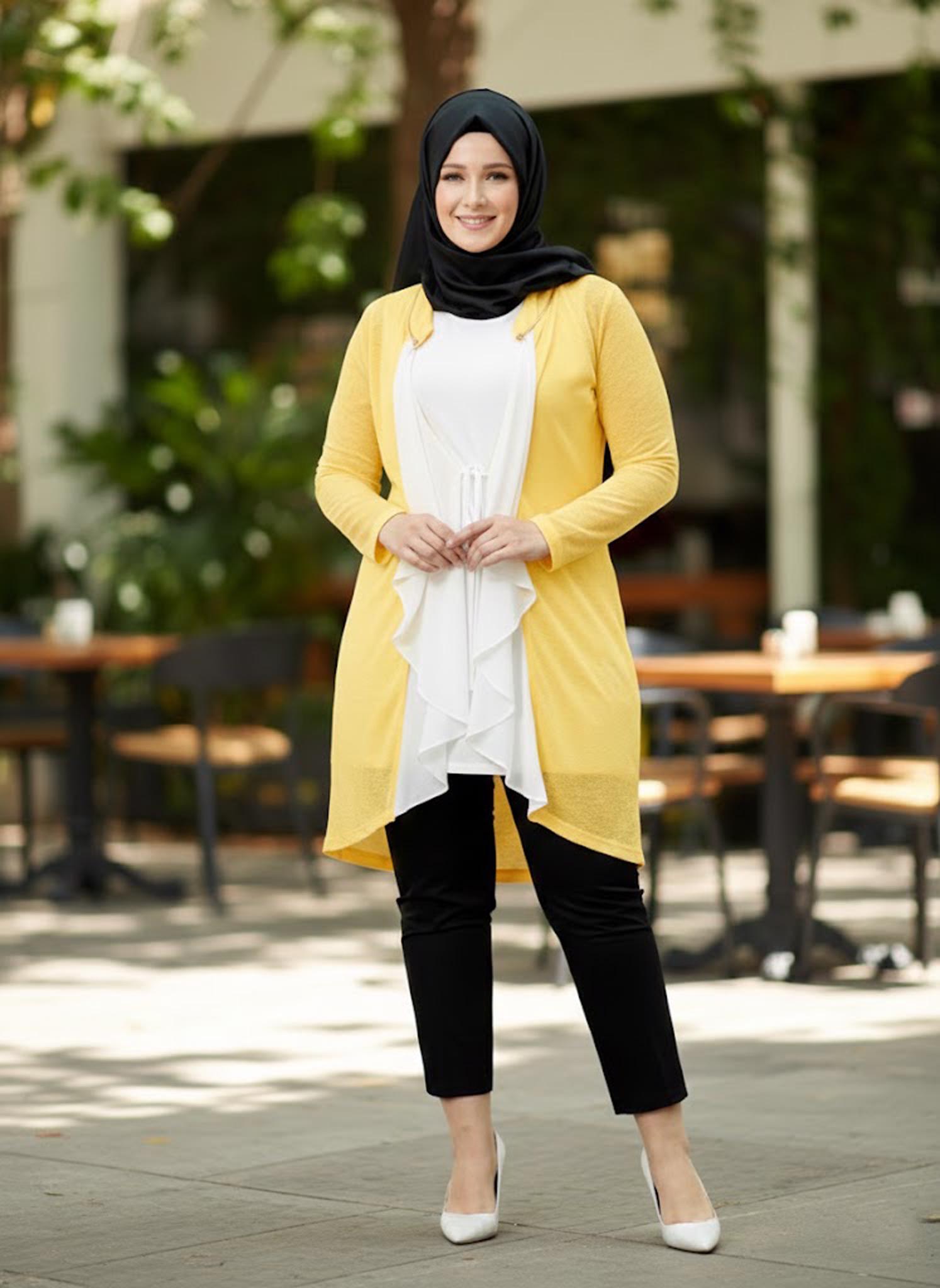 Tesettür giyim SARI FIRFIR DETAYLI İKİLİ TUNİK 2514