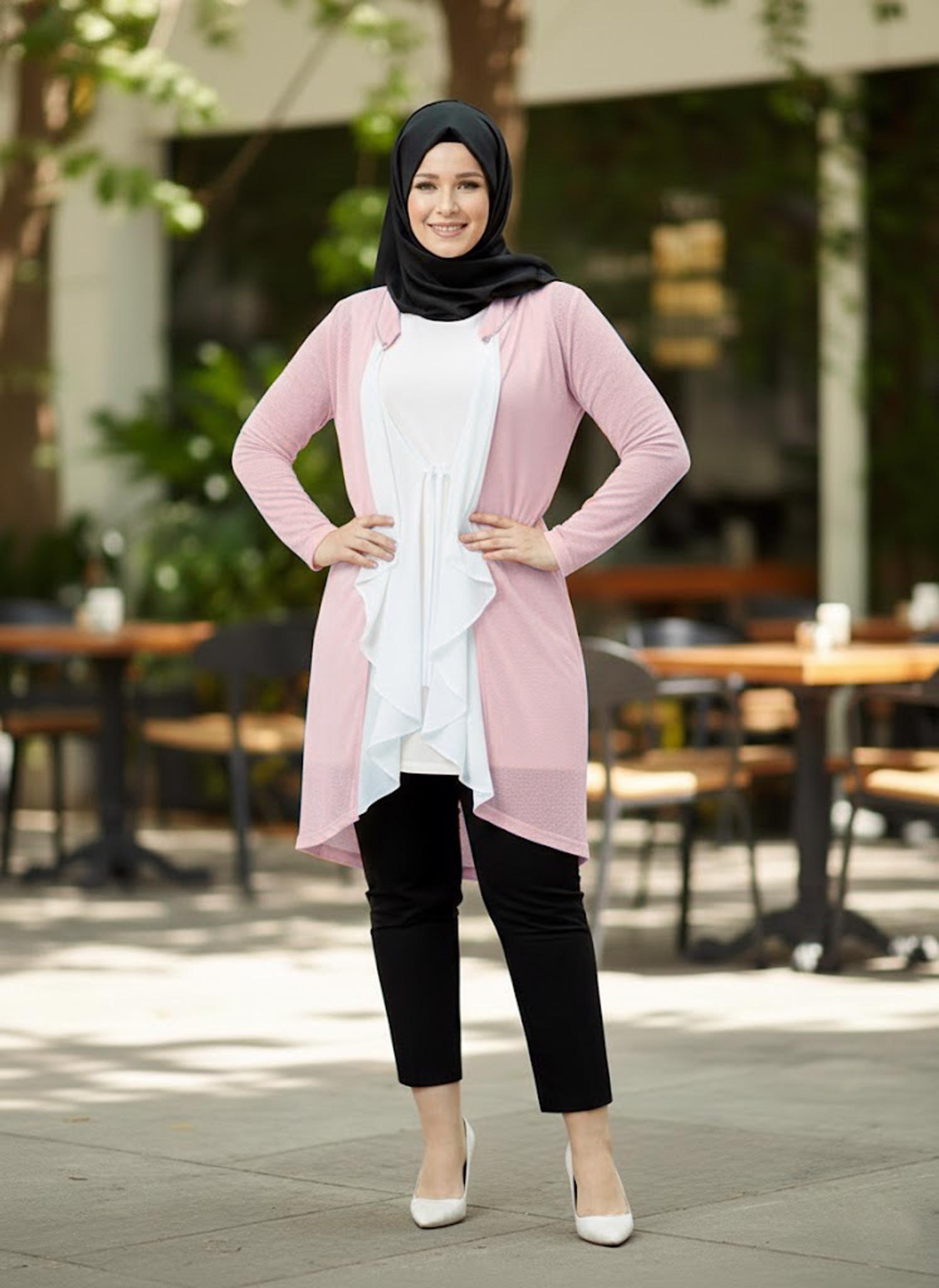 Tesettür giyim PUDRA FIRFIR DETAYLI İKİLİ TUNİK 2514