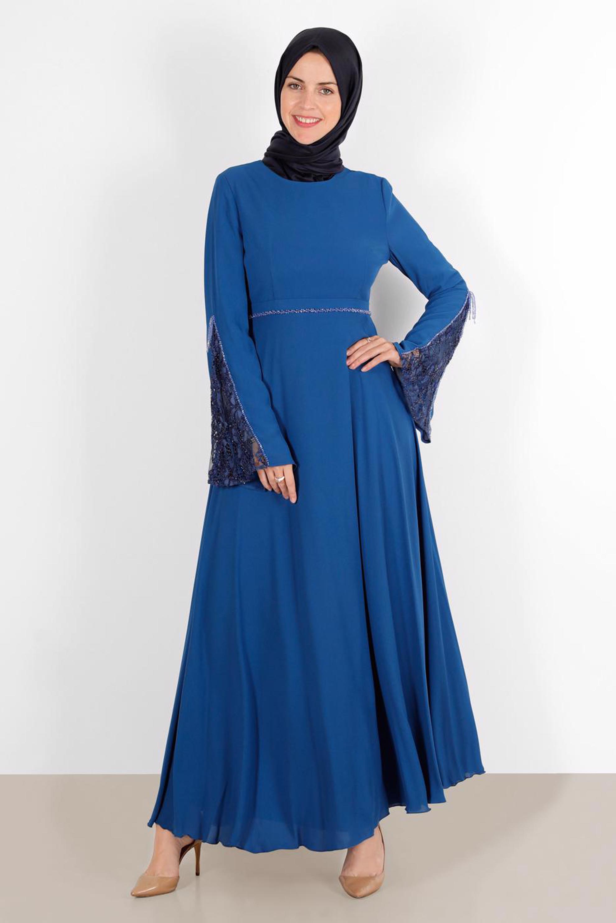 Tesettür giyim MAVİ KOLU DANTEL DETAYLI ELBİSE 40521