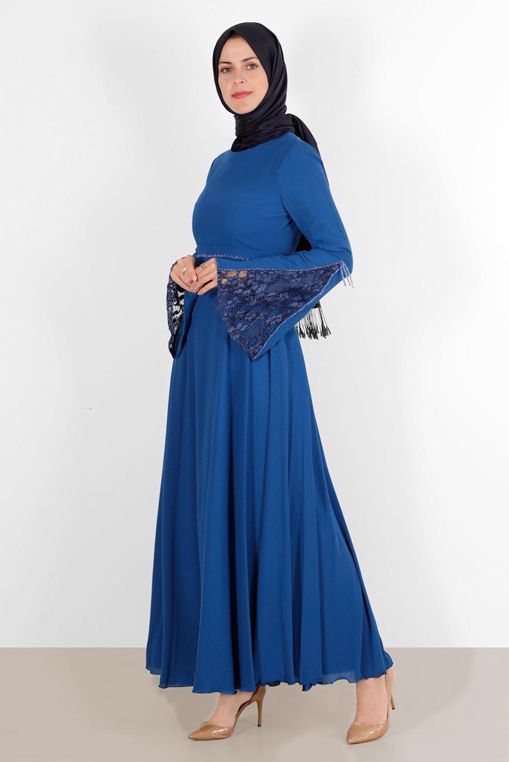 Tesettür giyim MAVİ KOLU DANTEL DETAYLI ELBİSE 40521