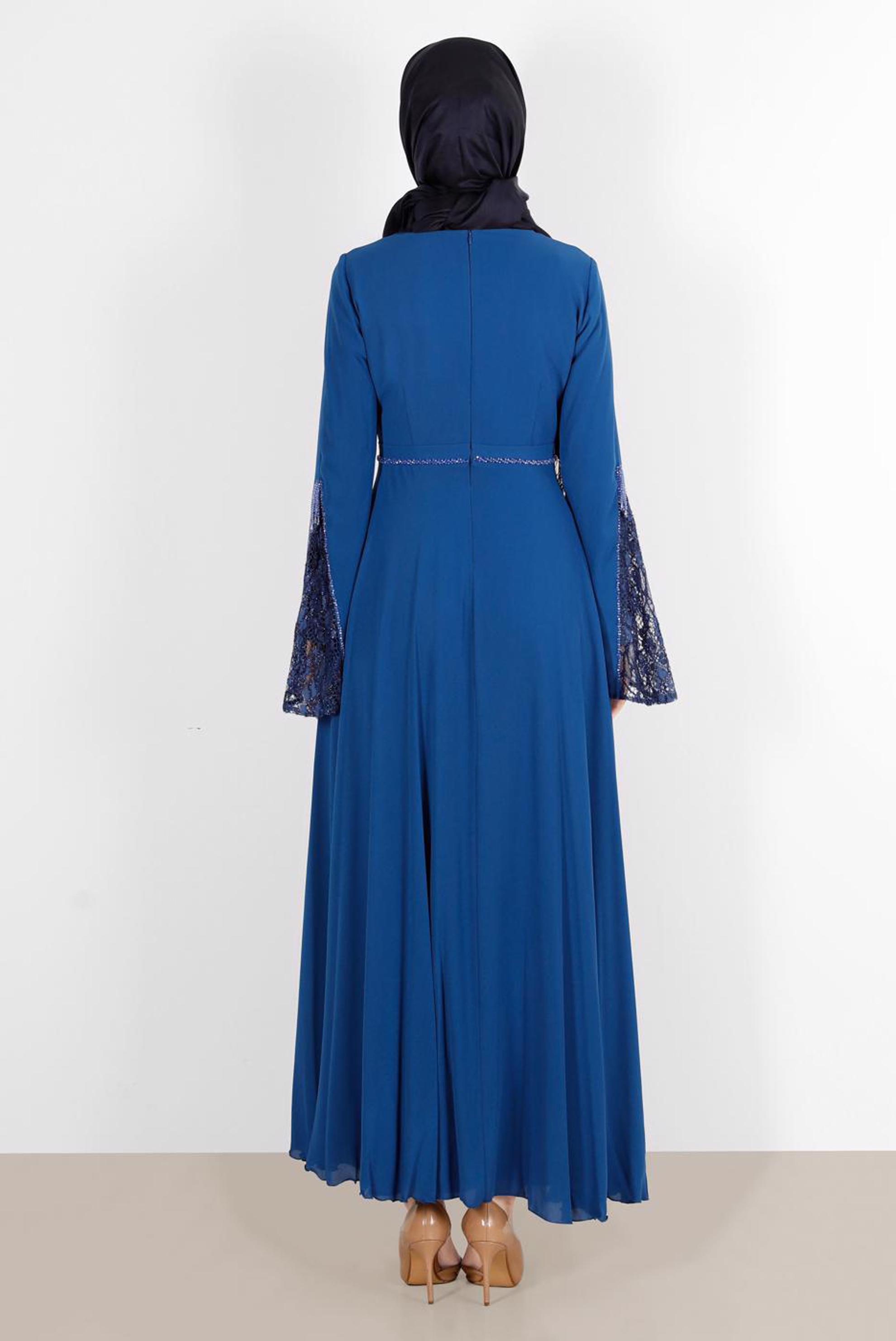 Tesettür giyim MAVİ KOLU DANTEL DETAYLI ELBİSE 40521
