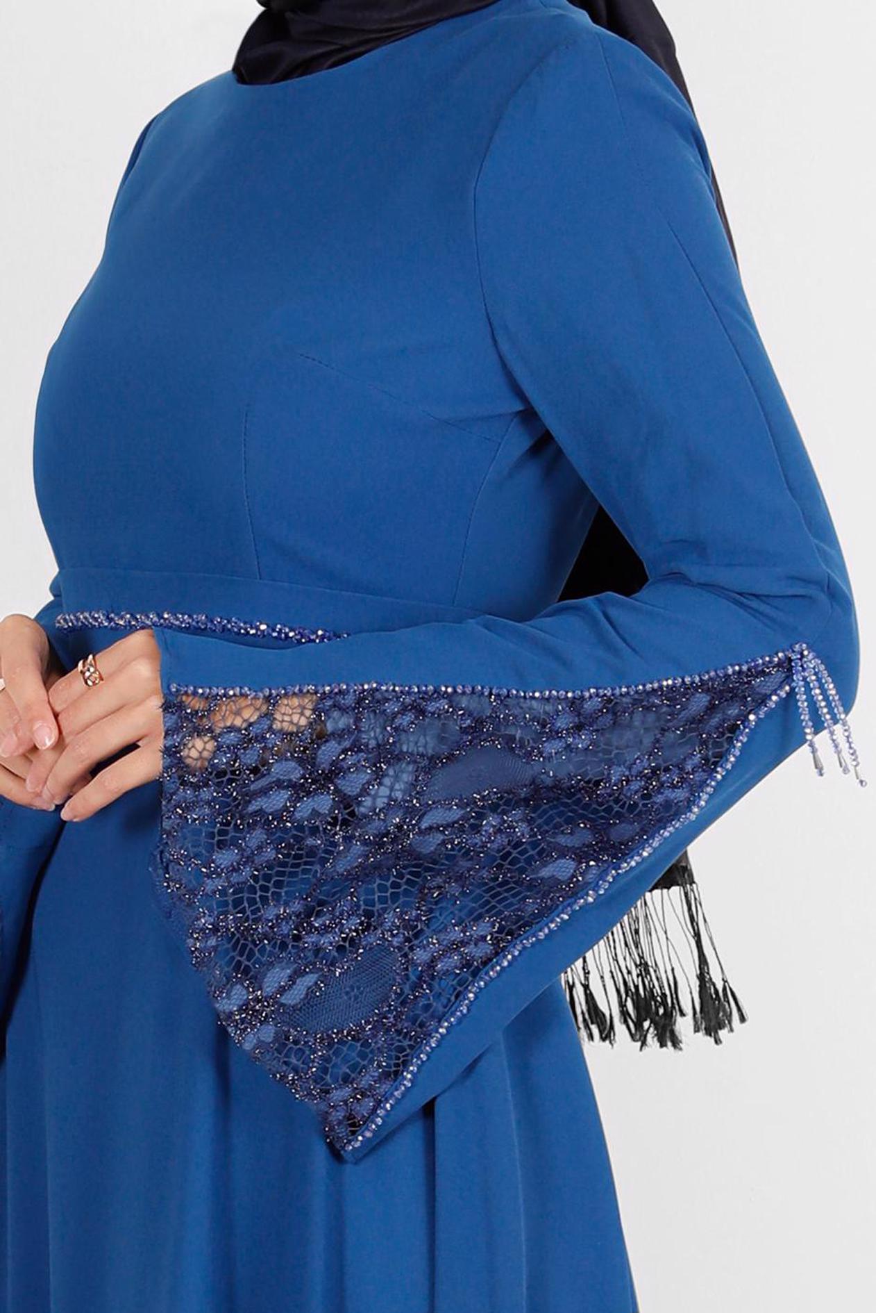 Tesettür giyim MAVİ KOLU DANTEL DETAYLI ELBİSE 40521