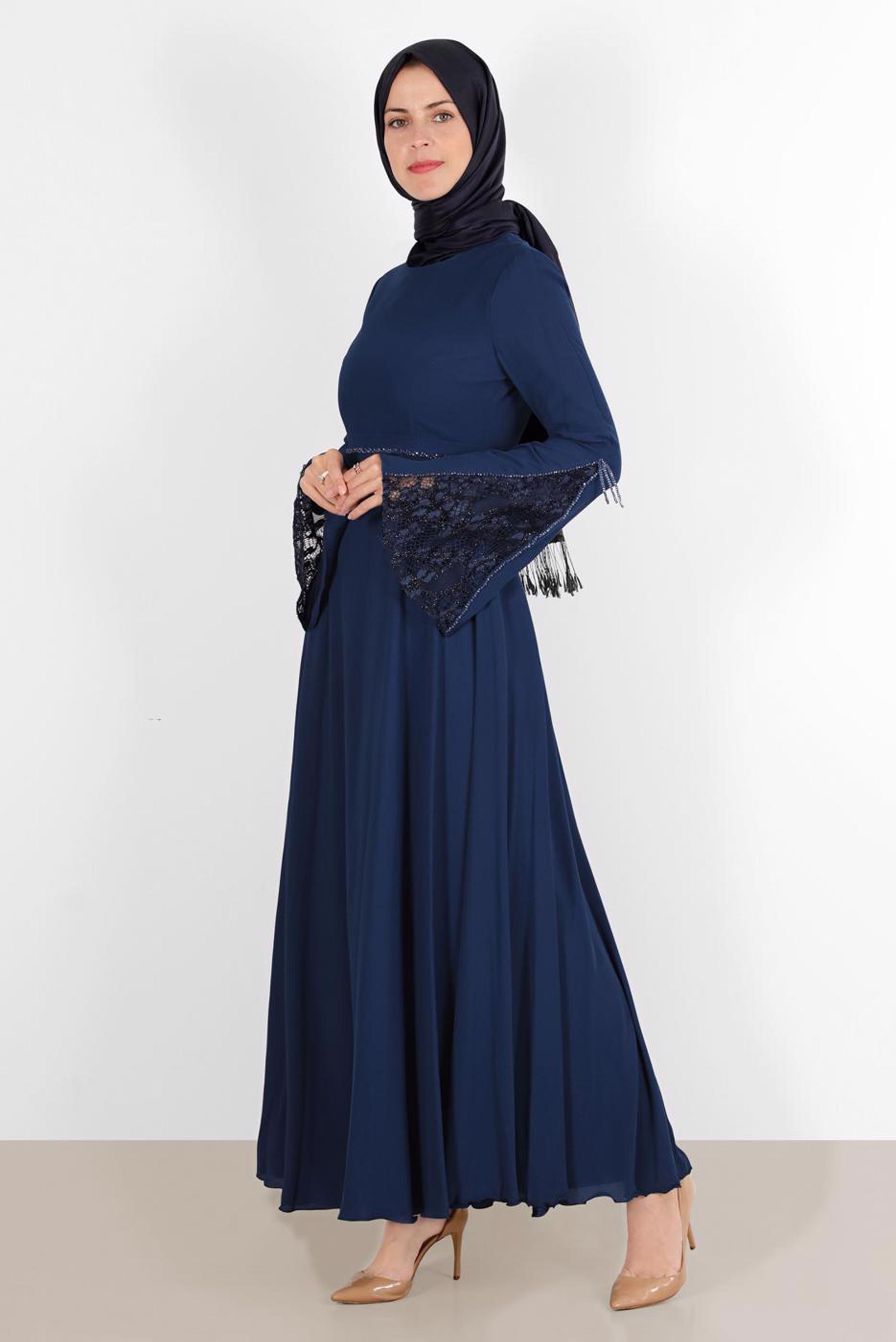 Tesettür giyim LACİVERT KOLU DANTEL DETAYLI ELBİSE 40521