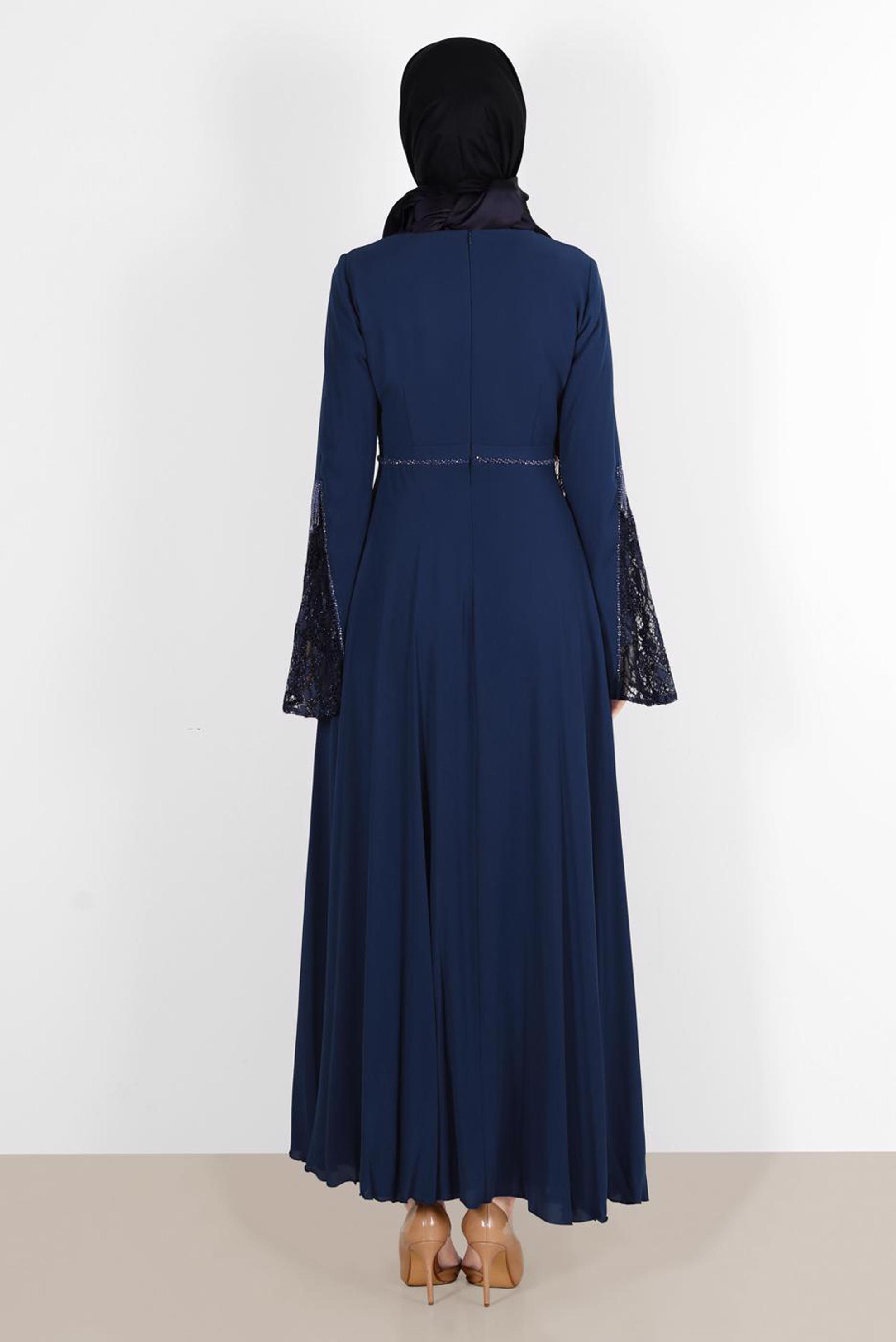 Tesettür giyim LACİVERT KOLU DANTEL DETAYLI ELBİSE 40521