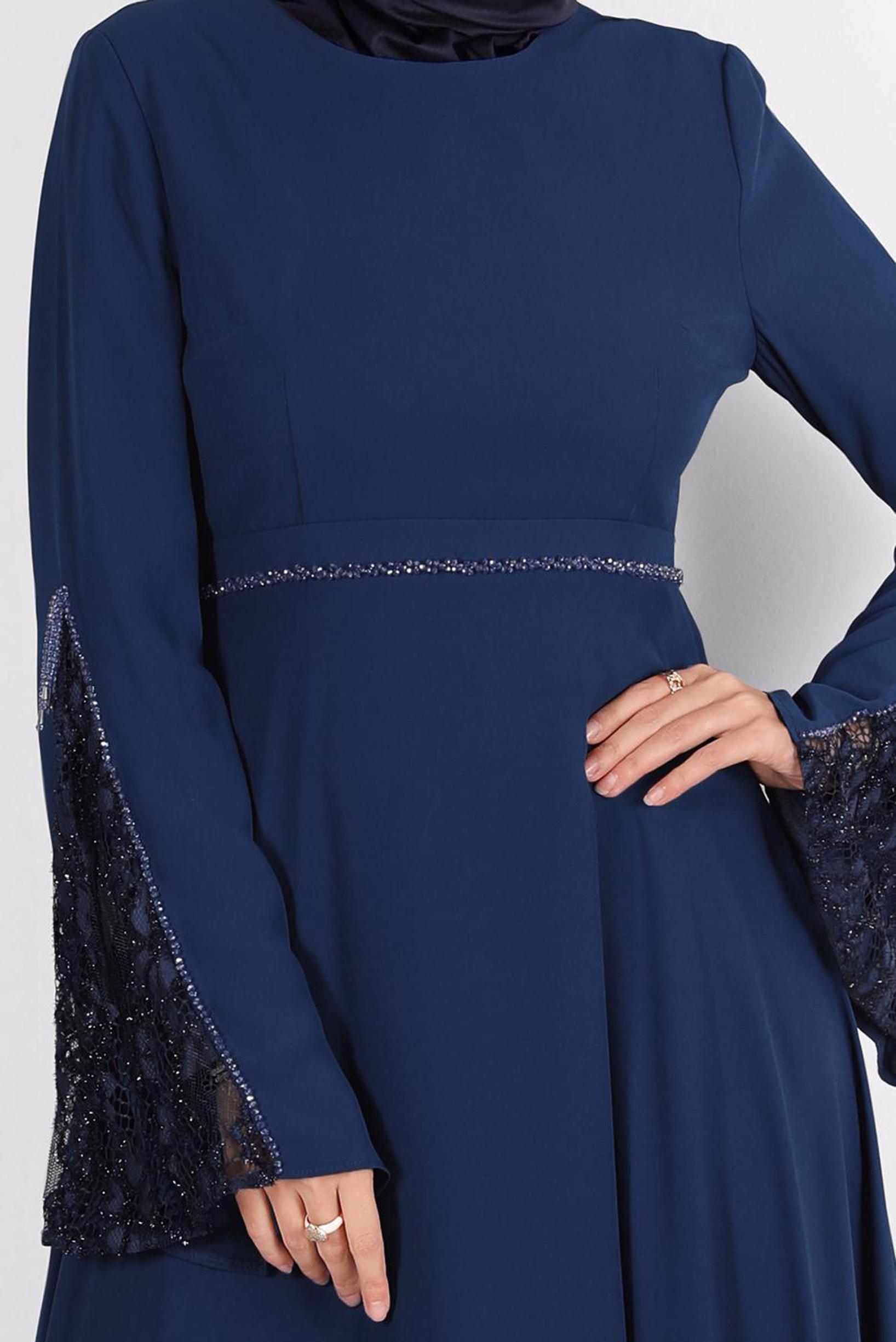 Tesettür giyim LACİVERT KOLU DANTEL DETAYLI ELBİSE 40521