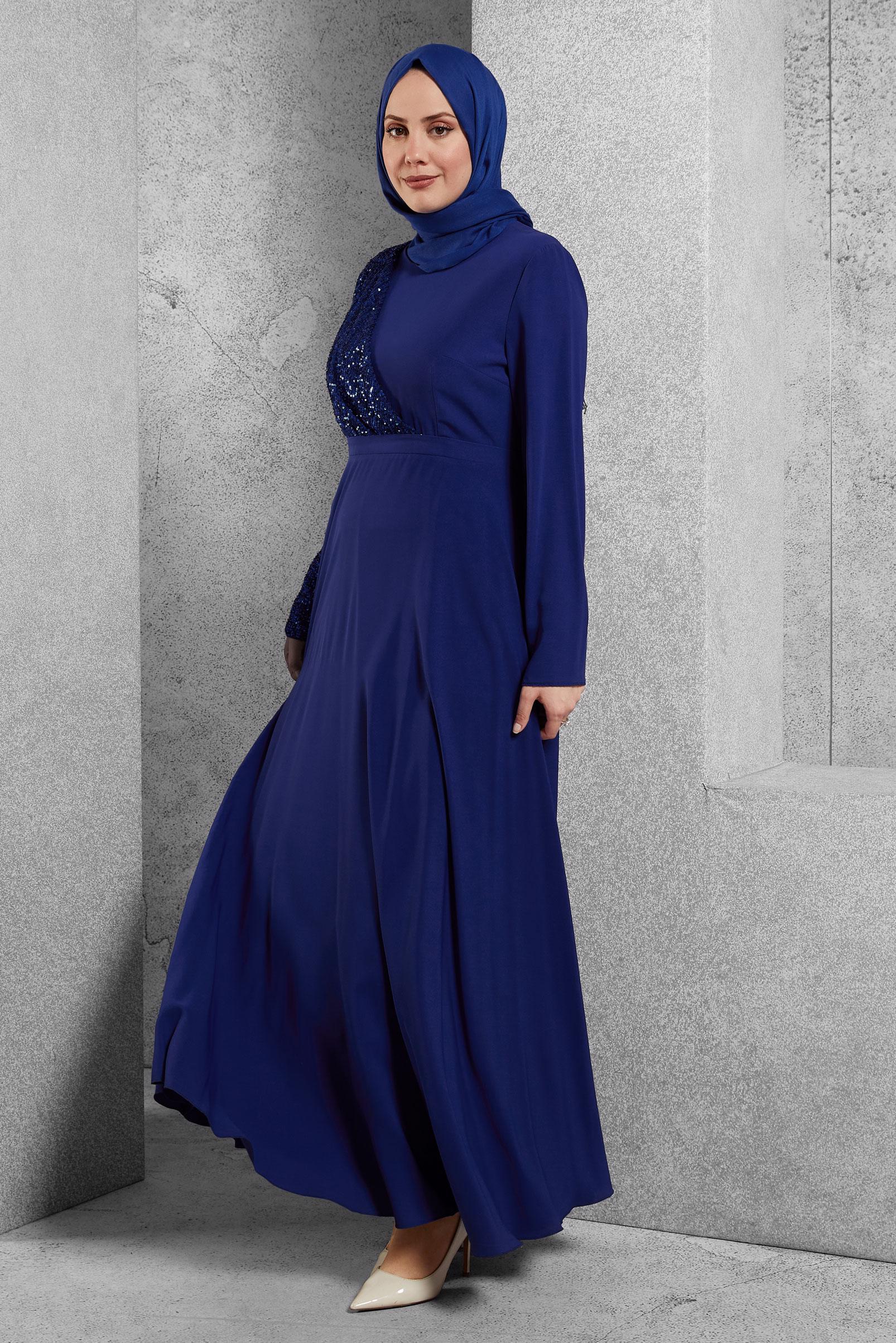 Tesettür giyim MAVİ PUL PAYET DETAYLI ABİYE ELBİSE 4218 
