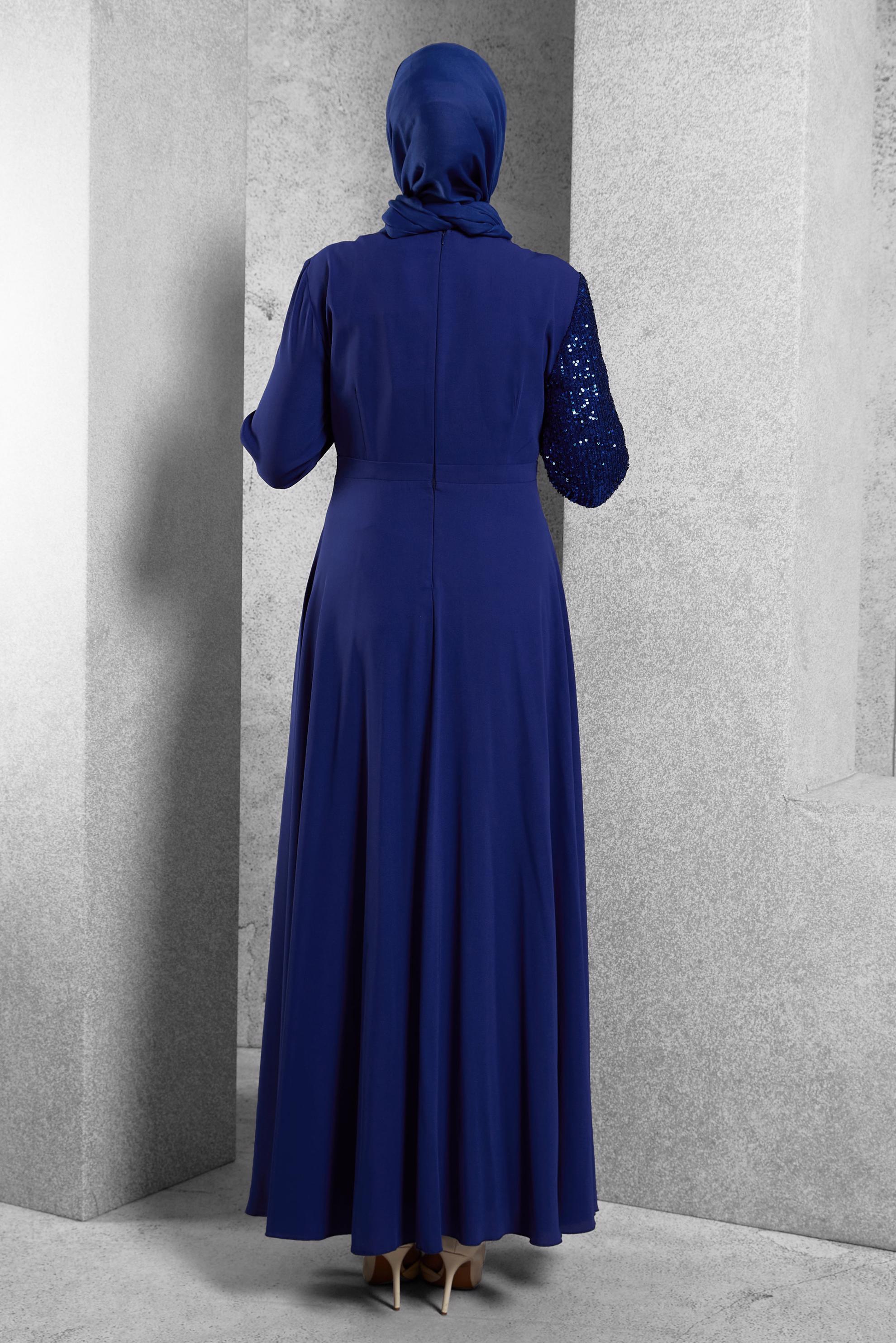 Tesettür giyim MAVİ PUL PAYET DETAYLI ABİYE ELBİSE 4218 