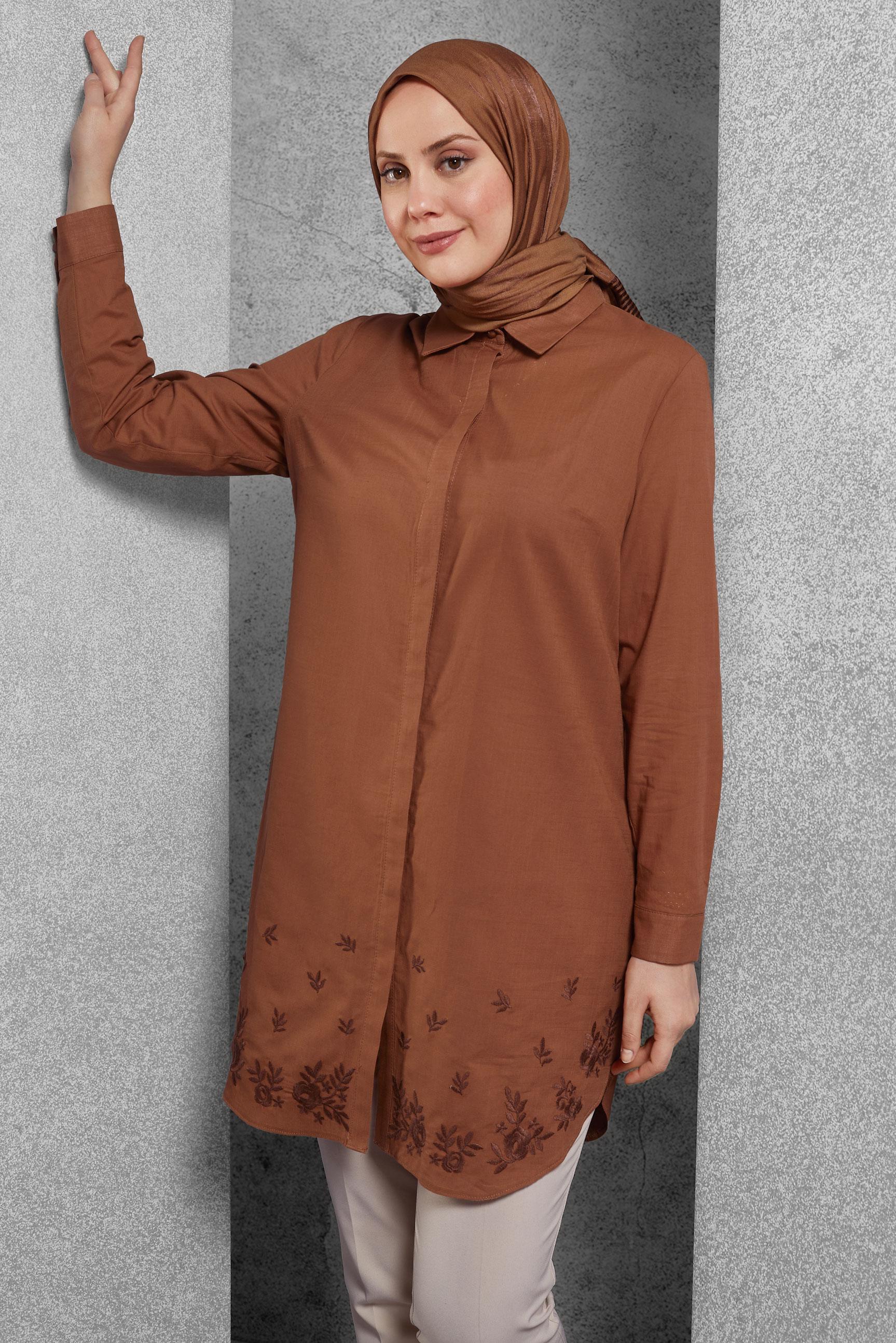 Tesettür giyim TABA PAMUKLU NAKIŞLI TUNİK 20045