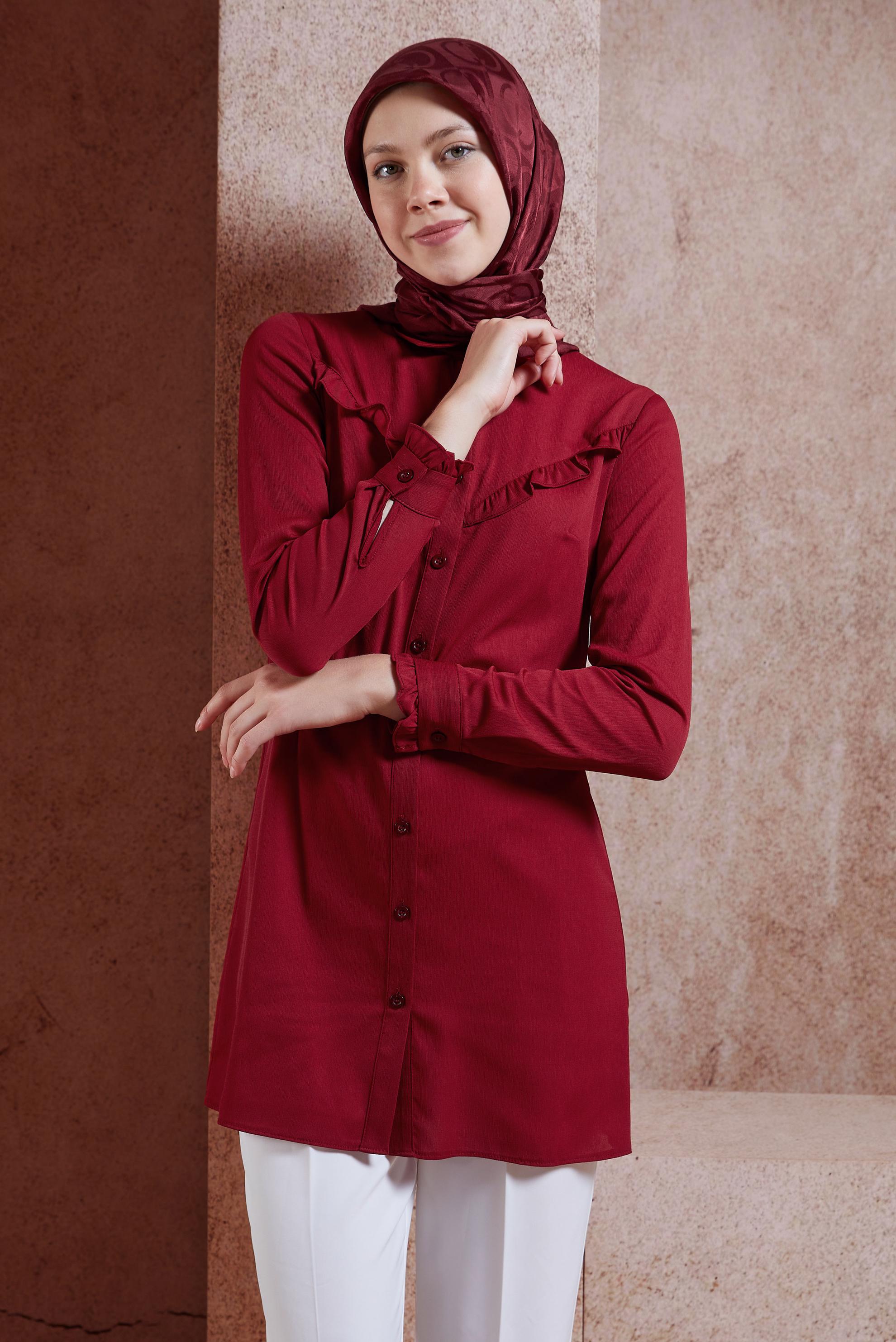 Tesettür giyim BORDO BOYDAN DÜĞMELİ FIRFIRLI TUNİK 40619 