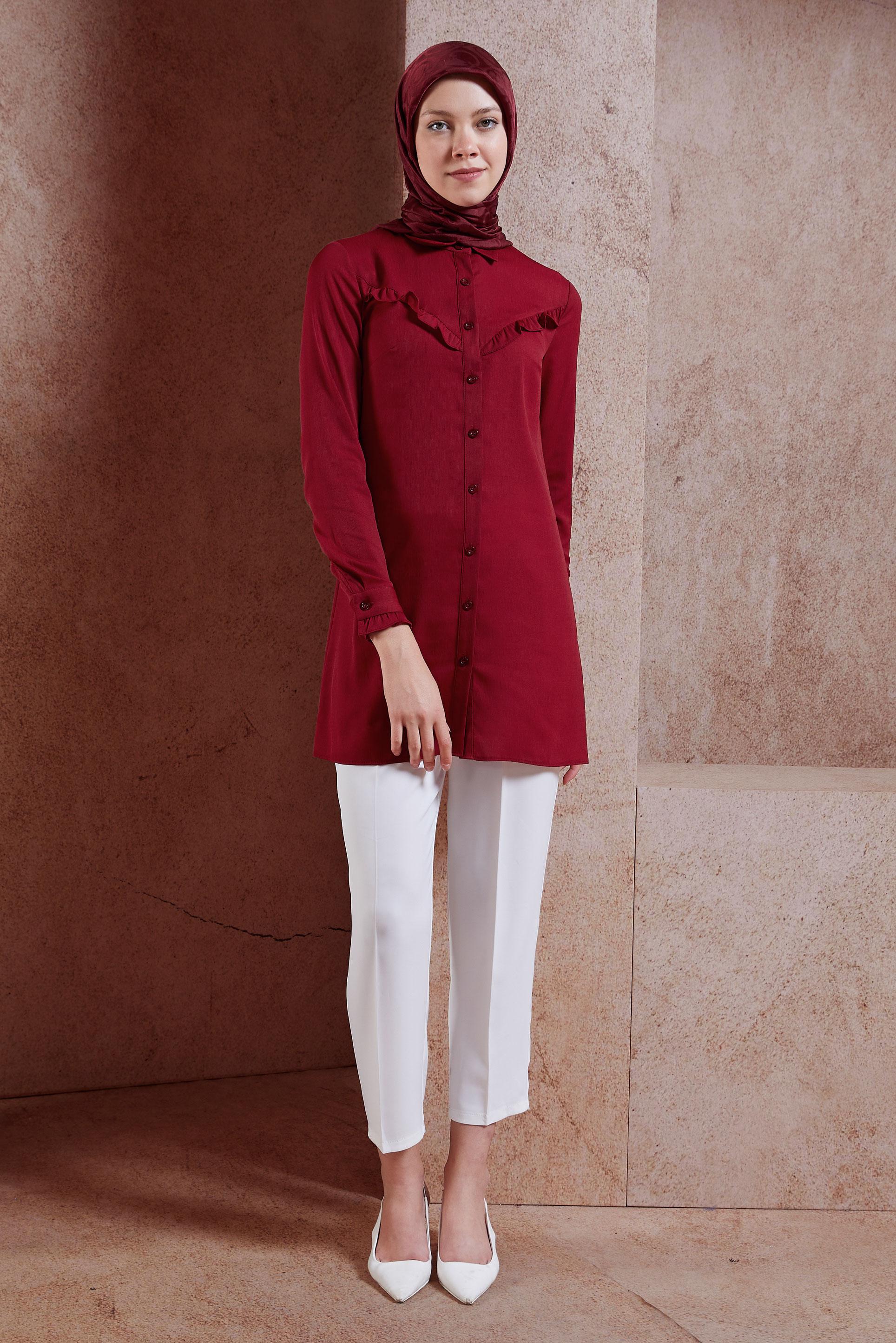 Tesettür giyim BORDO BOYDAN DÜĞMELİ FIRFIRLI TUNİK 40619 