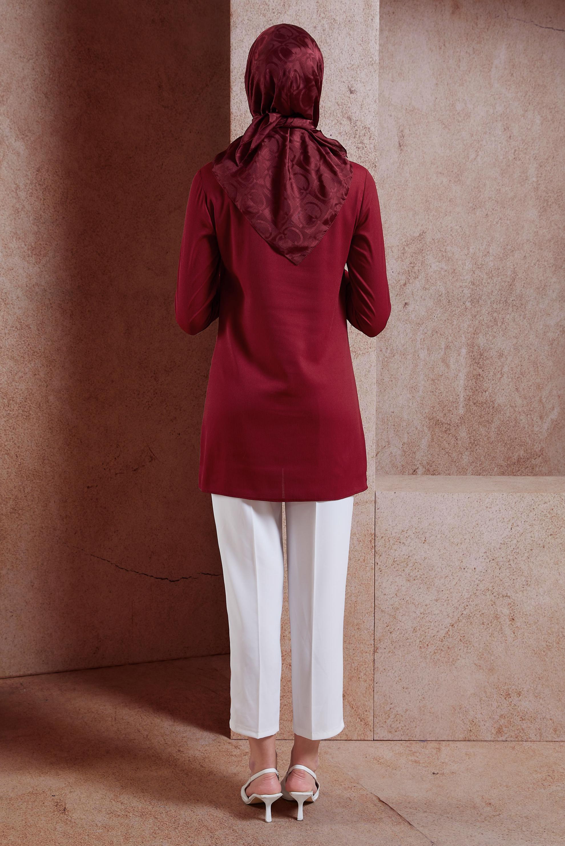 Tesettür giyim BORDO BOYDAN DÜĞMELİ FIRFIRLI TUNİK 40619 