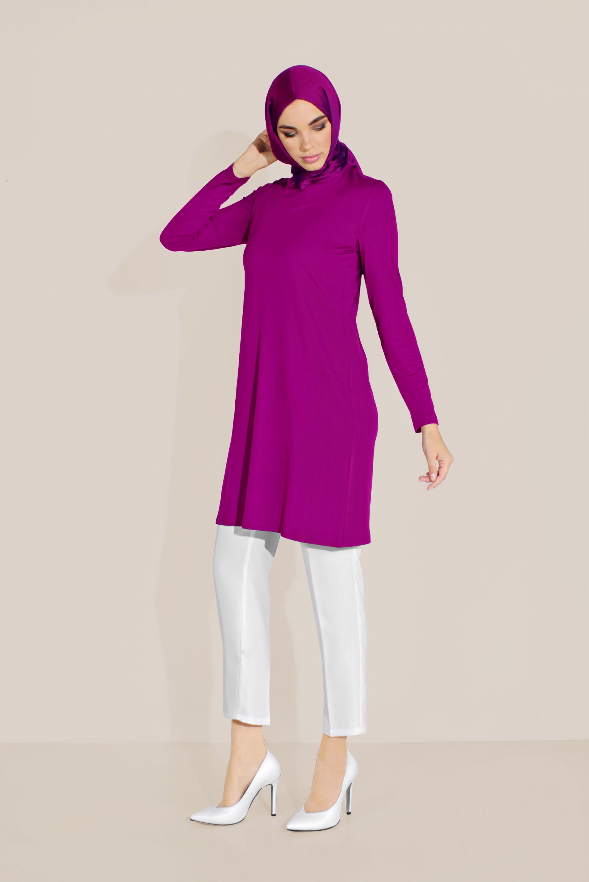 Tesettür giyim FUŞYA BİSİKLET YAKA TUNİK 40825