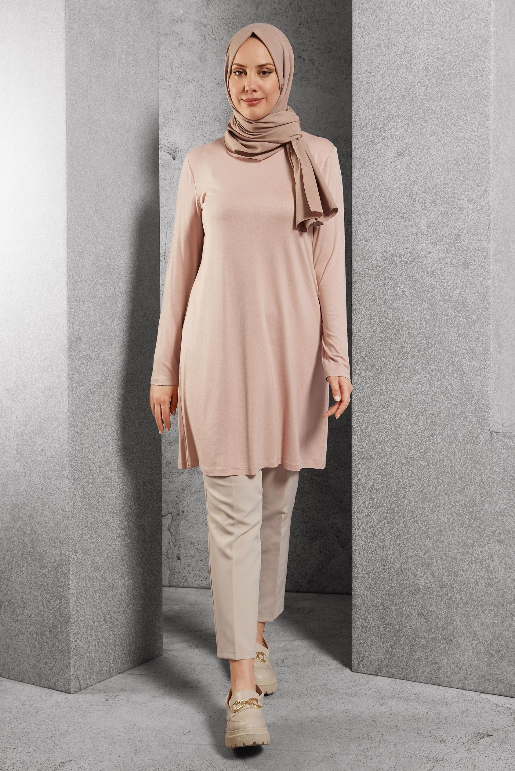Tesettür giyim PUDRA BİSİKLET YAKA TUNİK 40825