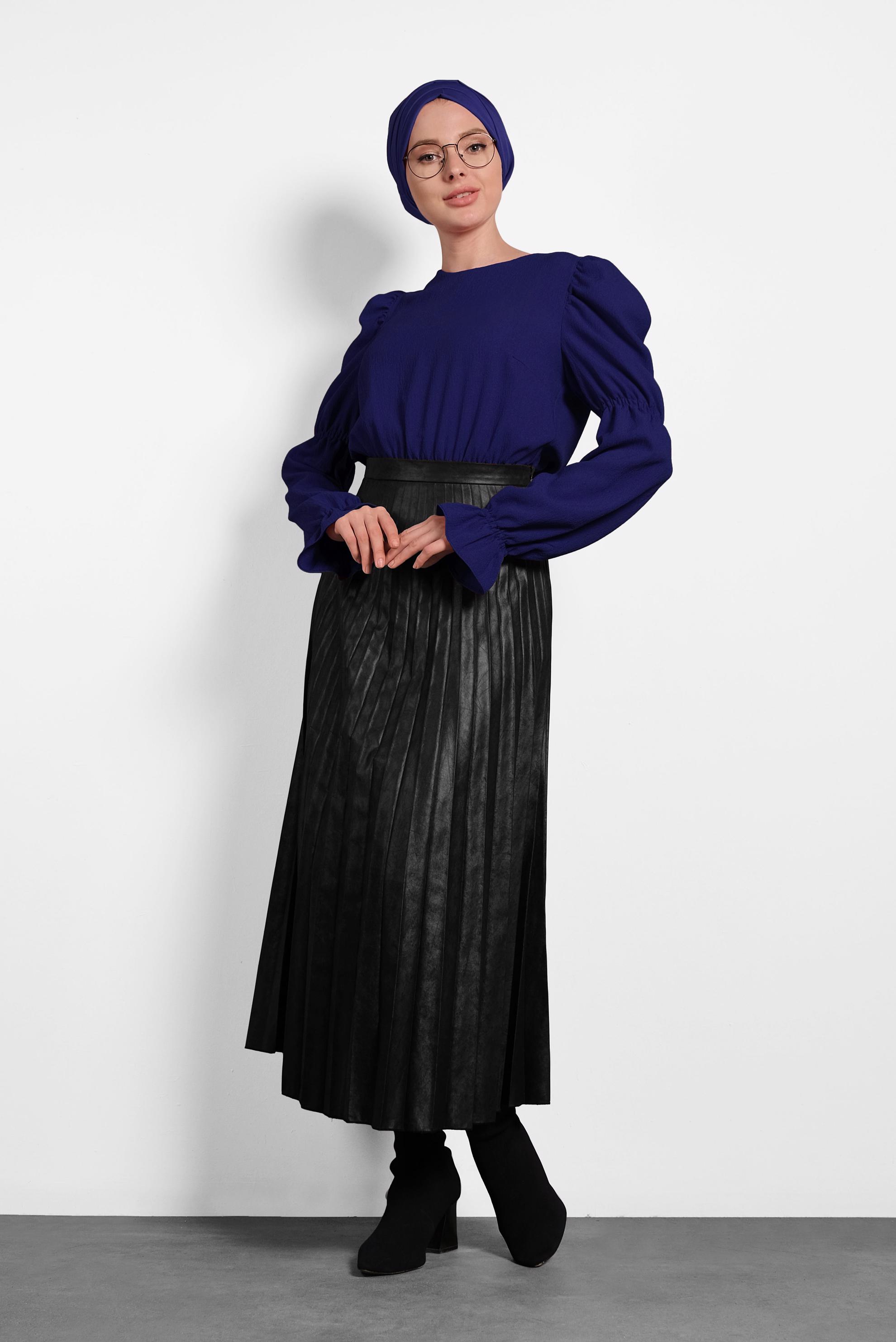 Hijab clothing BLUE PUFF SLEEVE TIE-WAIST BLOUSE 40334