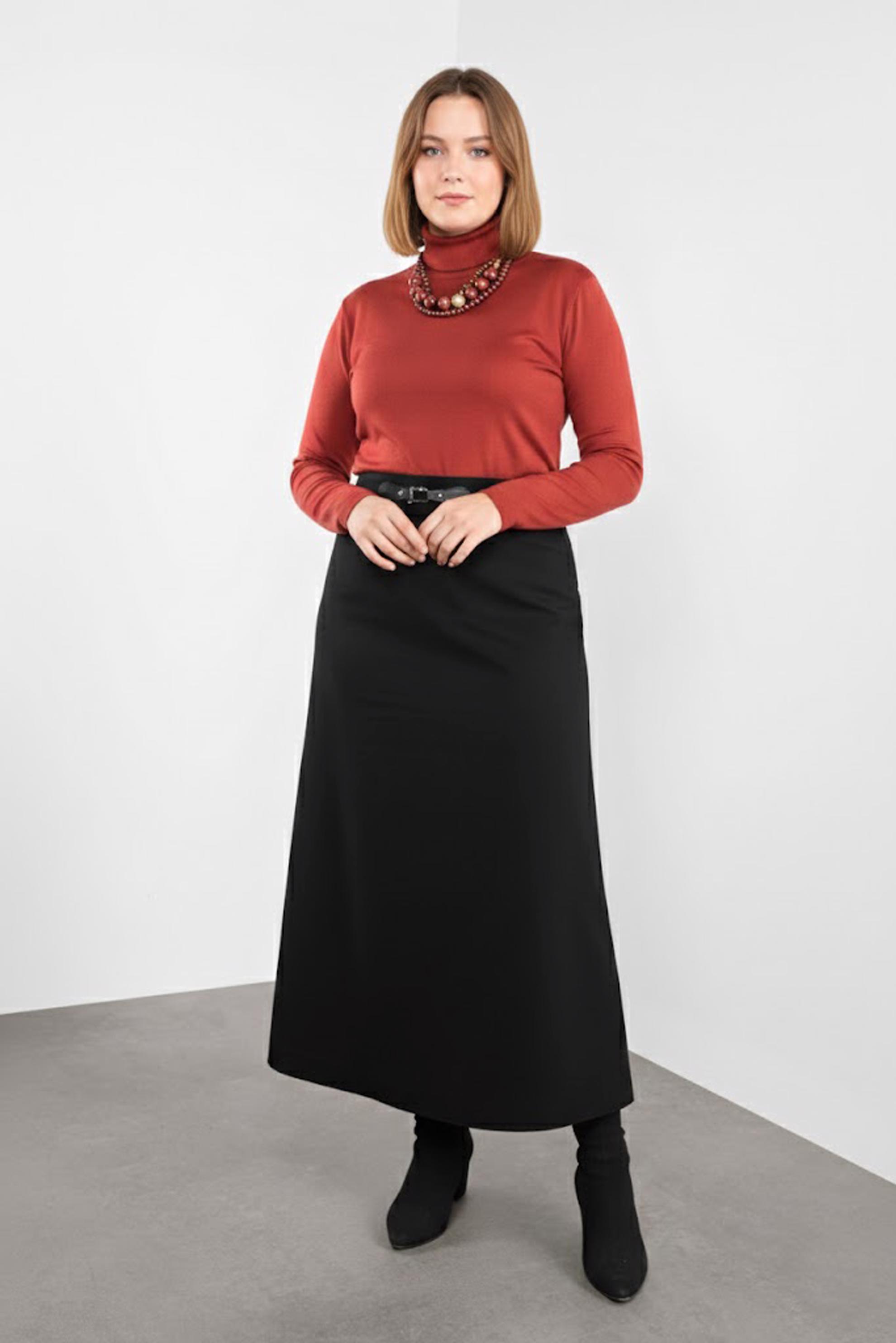 Tesettür giyim SİYAH BEL KISMI DERİ DETAYLI ETEK 60116