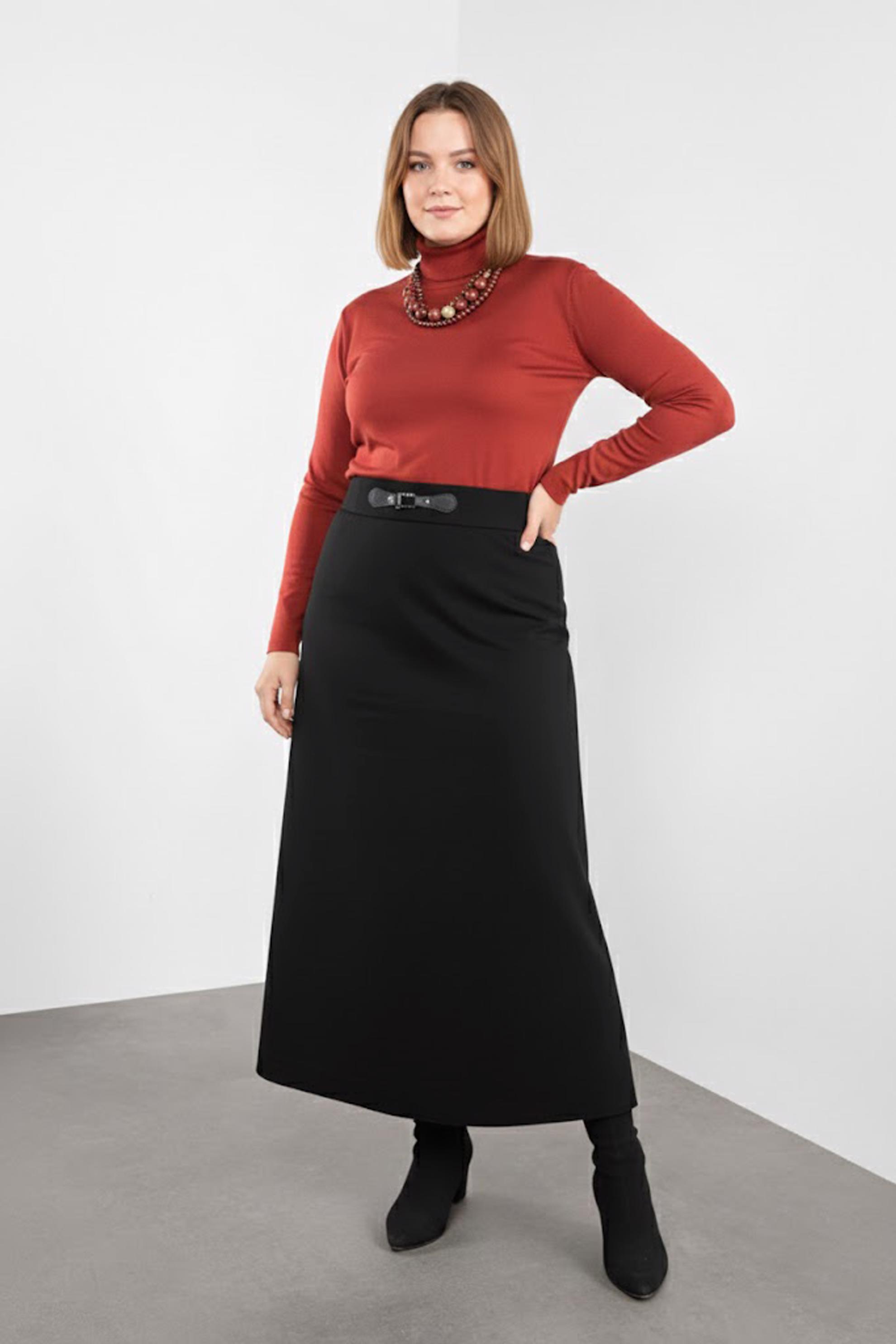 Tesettür giyim SİYAH BEL KISMI DERİ DETAYLI ETEK 60116