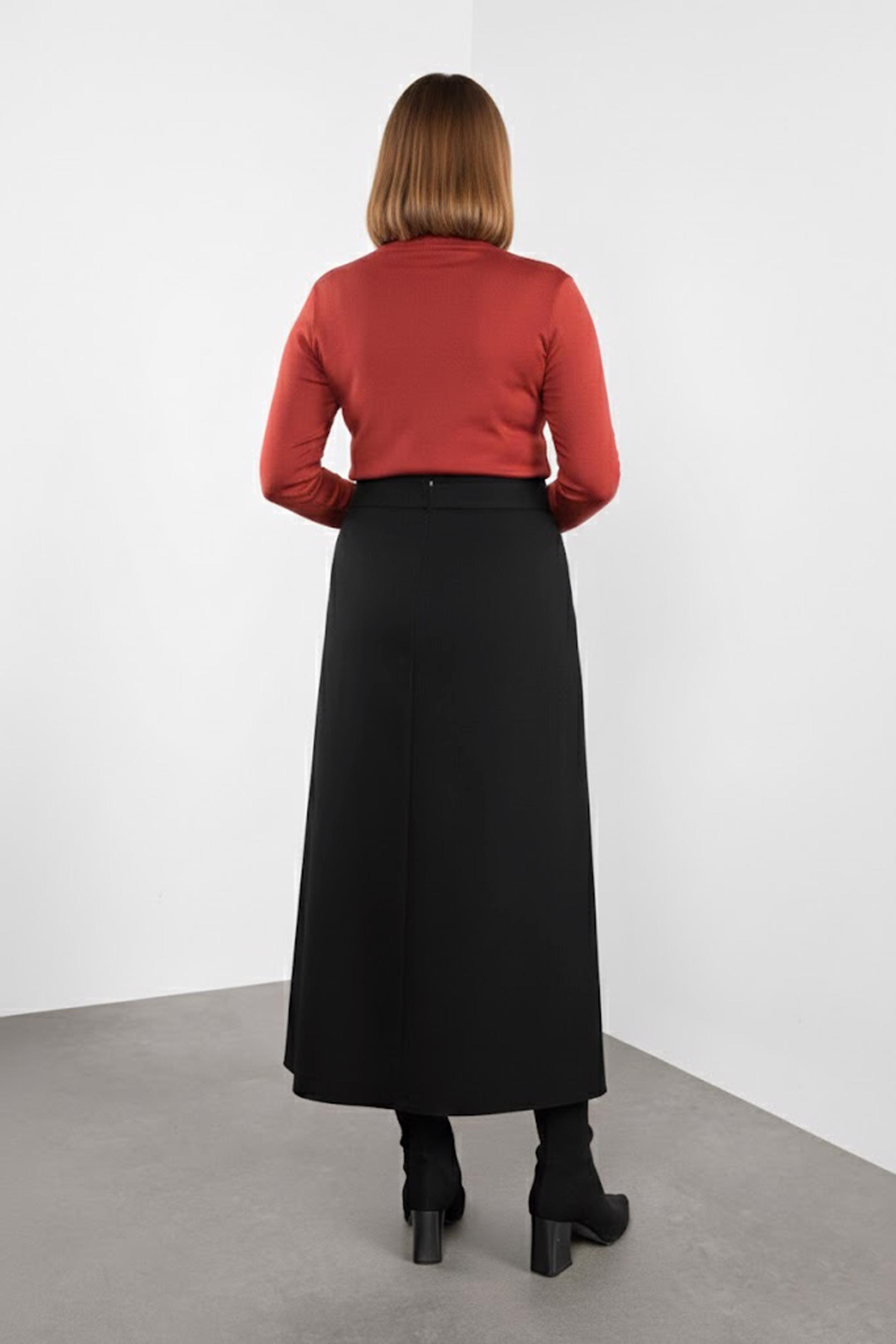 Tesettür giyim SİYAH BEL KISMI DERİ DETAYLI ETEK 60116