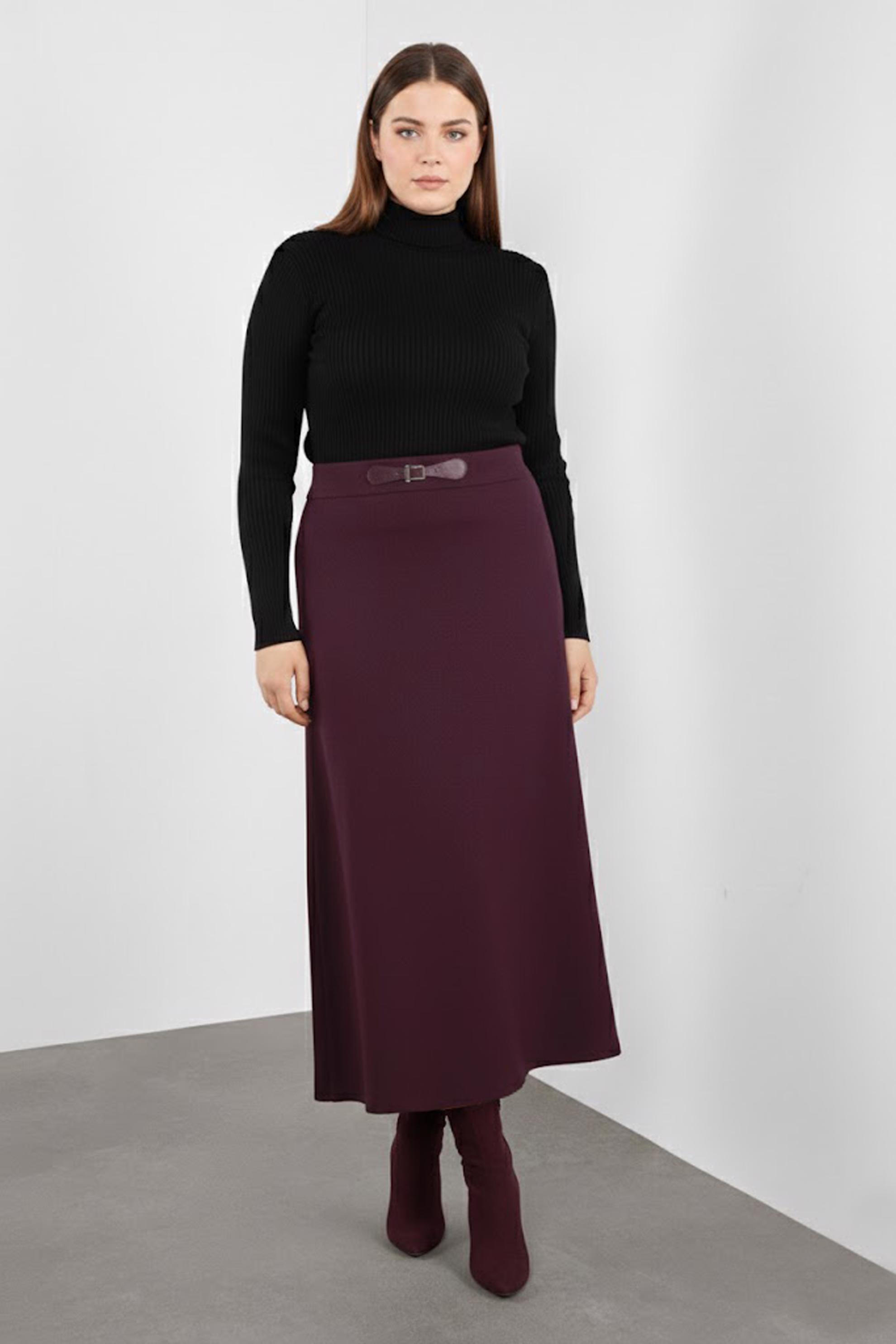 Tesettür giyim MÜRDÜM BEL KISMI DERİ DETAYLI ETEK 60116