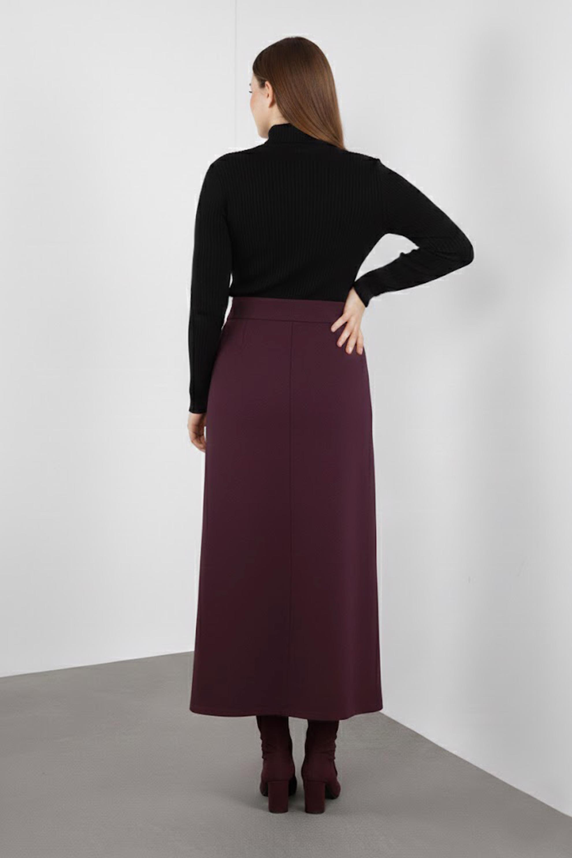 Tesettür giyim MÜRDÜM BEL KISMI DERİ DETAYLI ETEK 60116