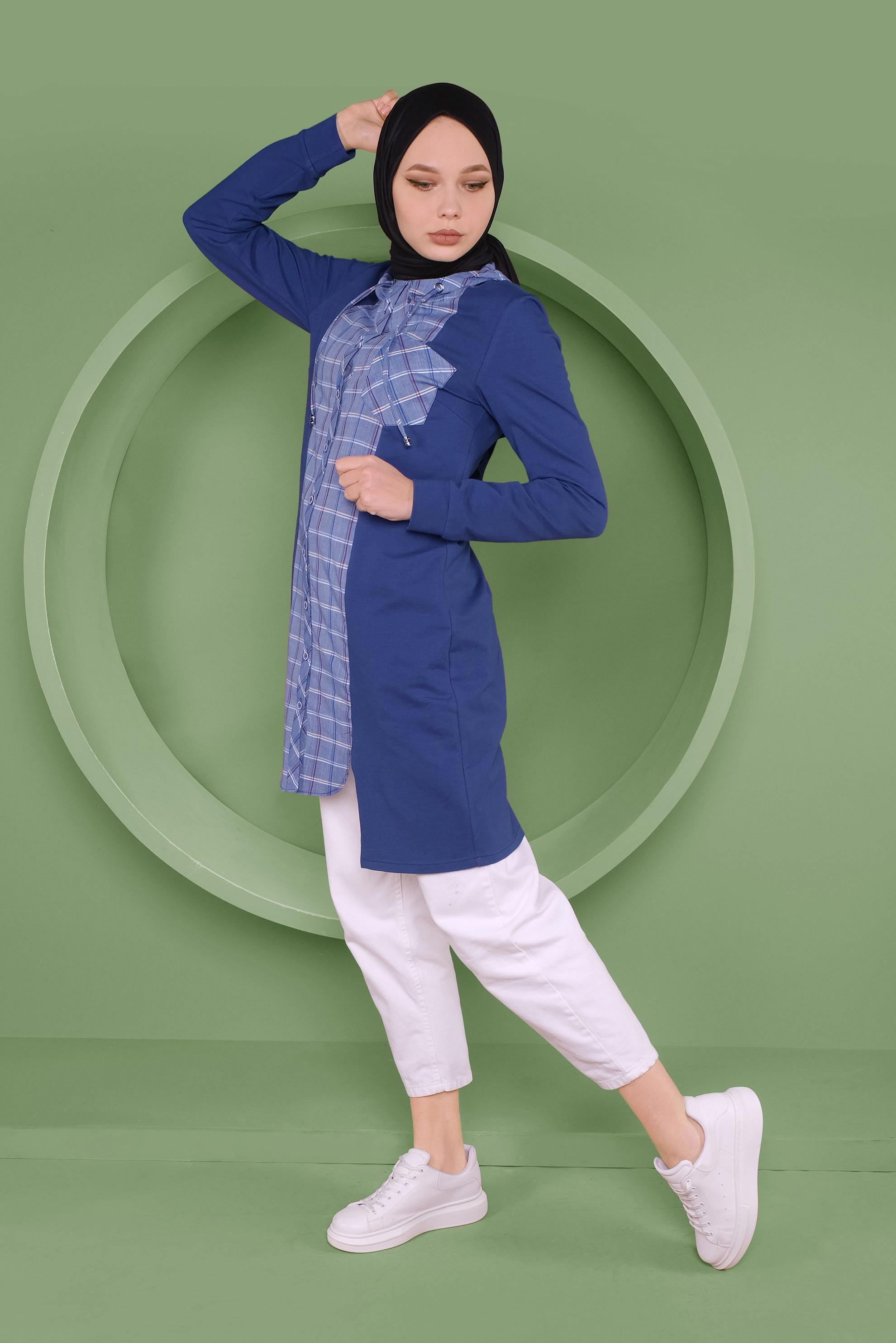 Tesettür giyim LACİVERT EKOSE DETAYLI KAPÜŞONLU TUNİK 41367