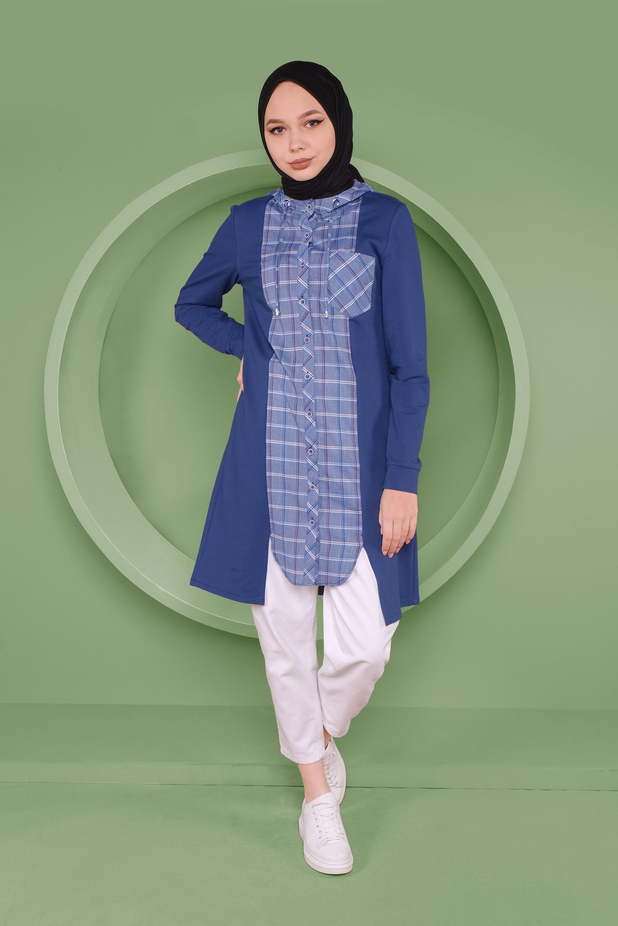 Tesettür giyim LACİVERT EKOSE DETAYLI KAPÜŞONLU TUNİK 41367