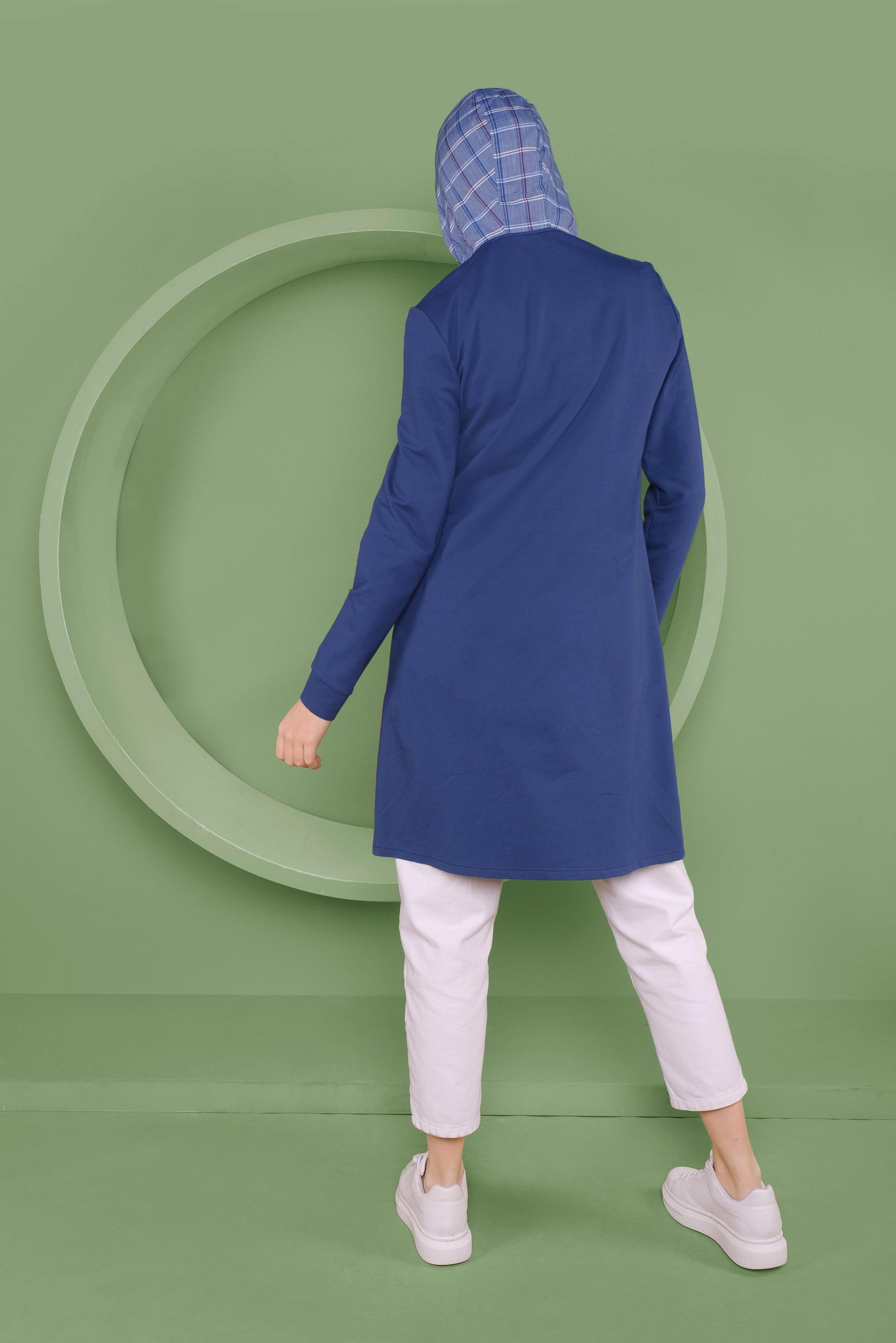 Tesettür giyim LACİVERT EKOSE DETAYLI KAPÜŞONLU TUNİK 41367