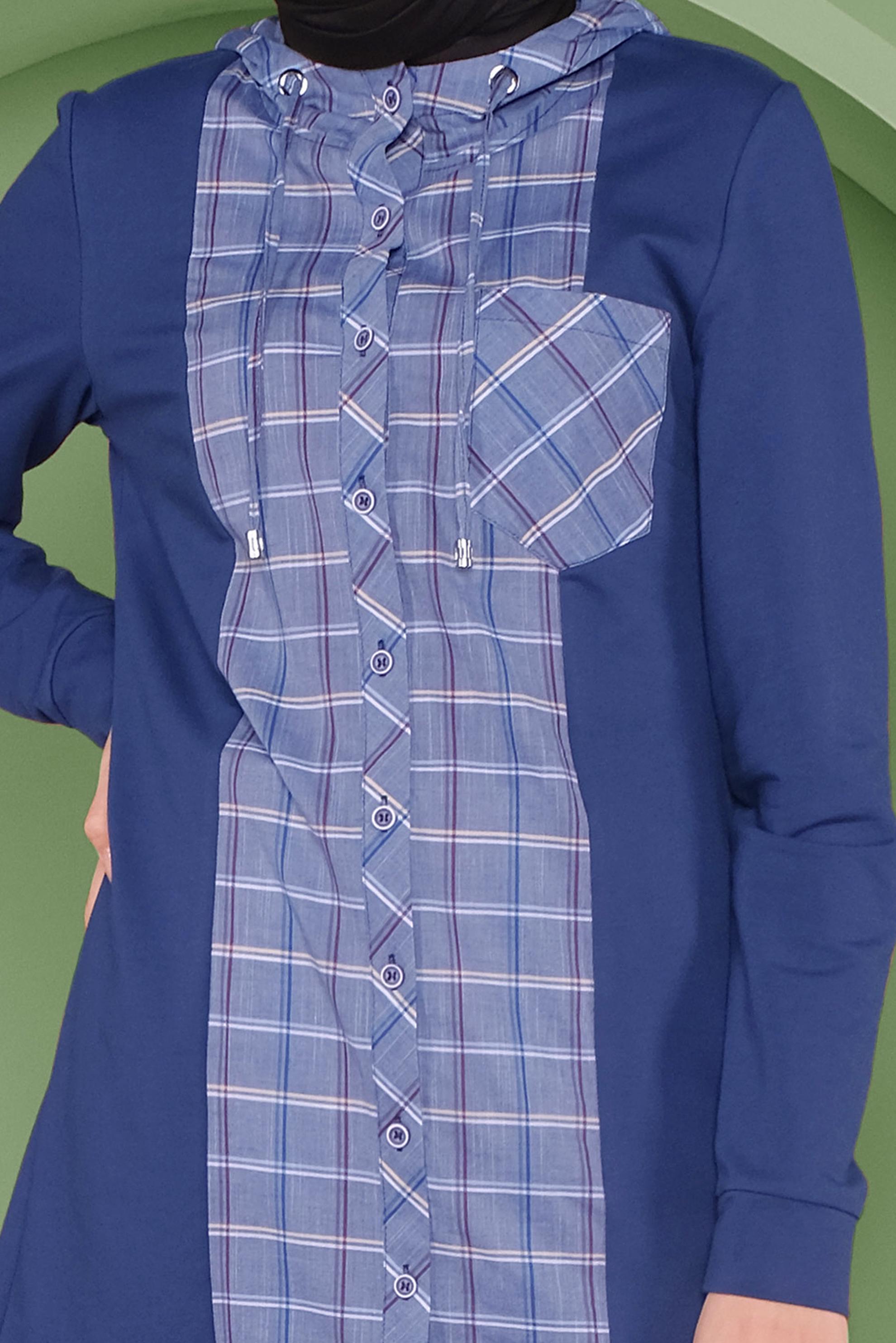 Tesettür giyim LACİVERT EKOSE DETAYLI KAPÜŞONLU TUNİK 41367