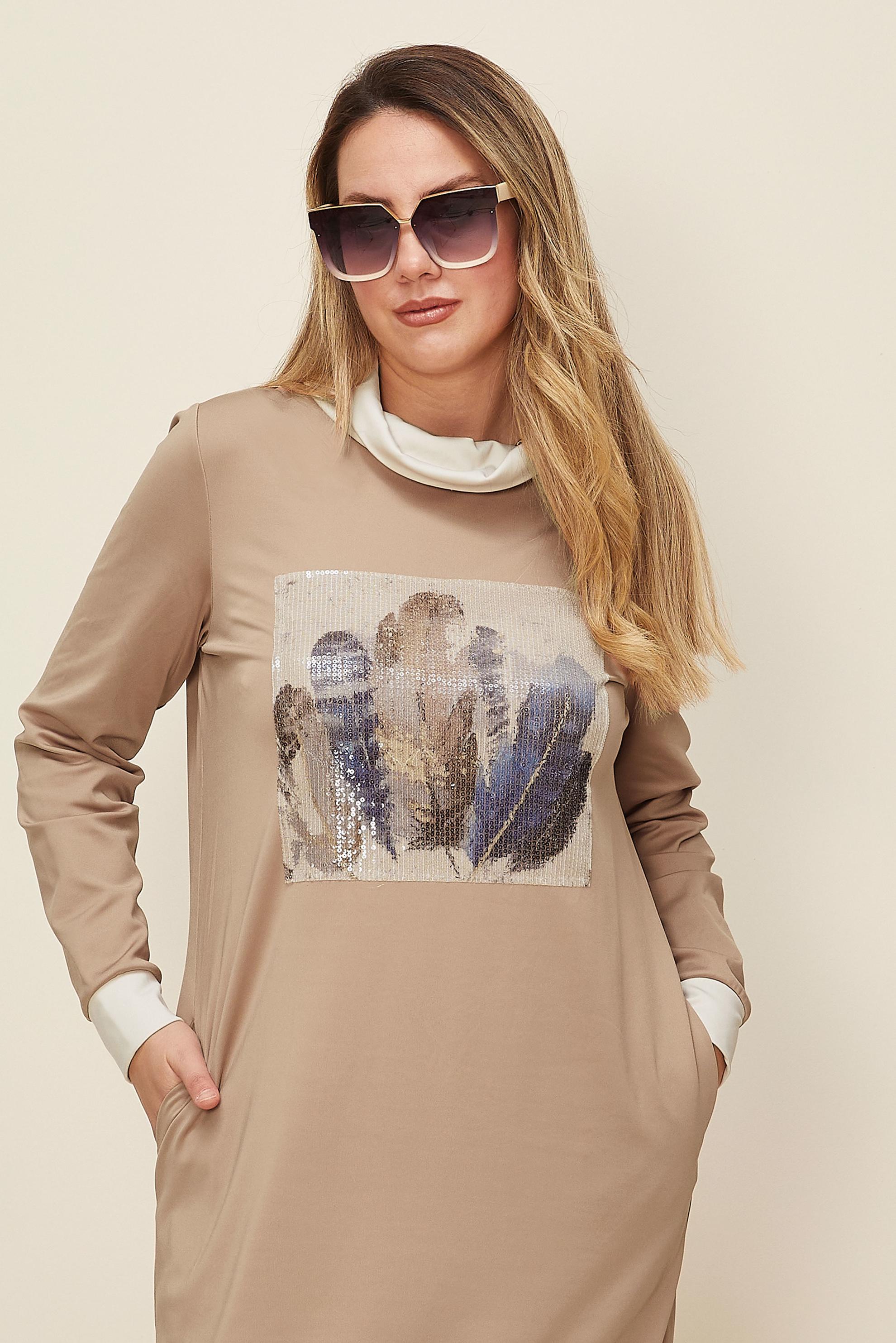 Tesettür giyim BEJ PUL PAYET İŞLEMELİ ELBİSE 42436