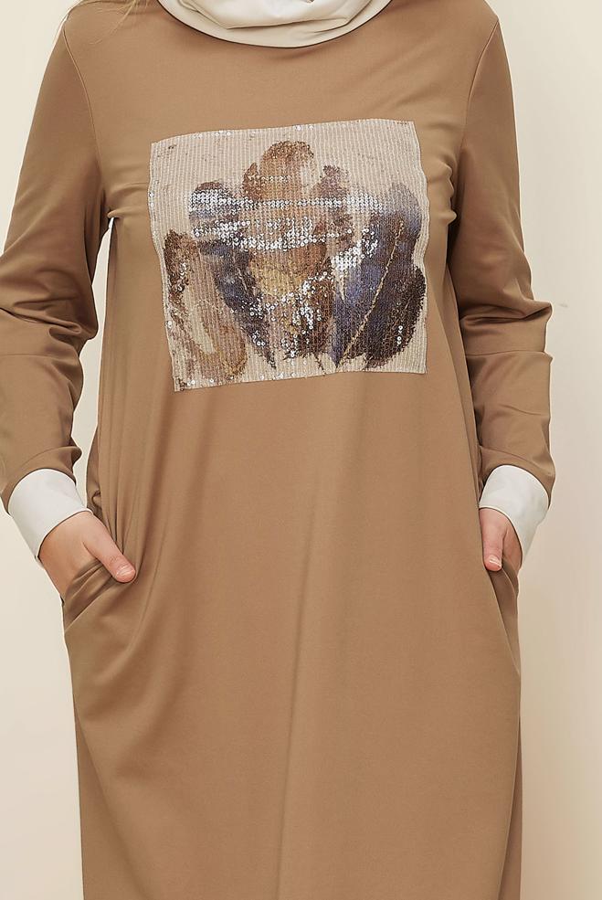 Hijab clothing BROWN SEQUIN DETAILED DRESS 42436 - ALVİNA
