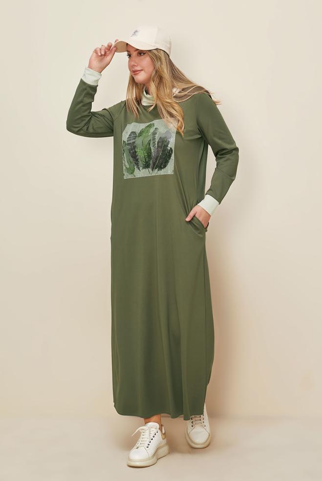 Hijab clothing KHAKI SEQUIN DETAILED DRESS 42436 - ALVİNA
