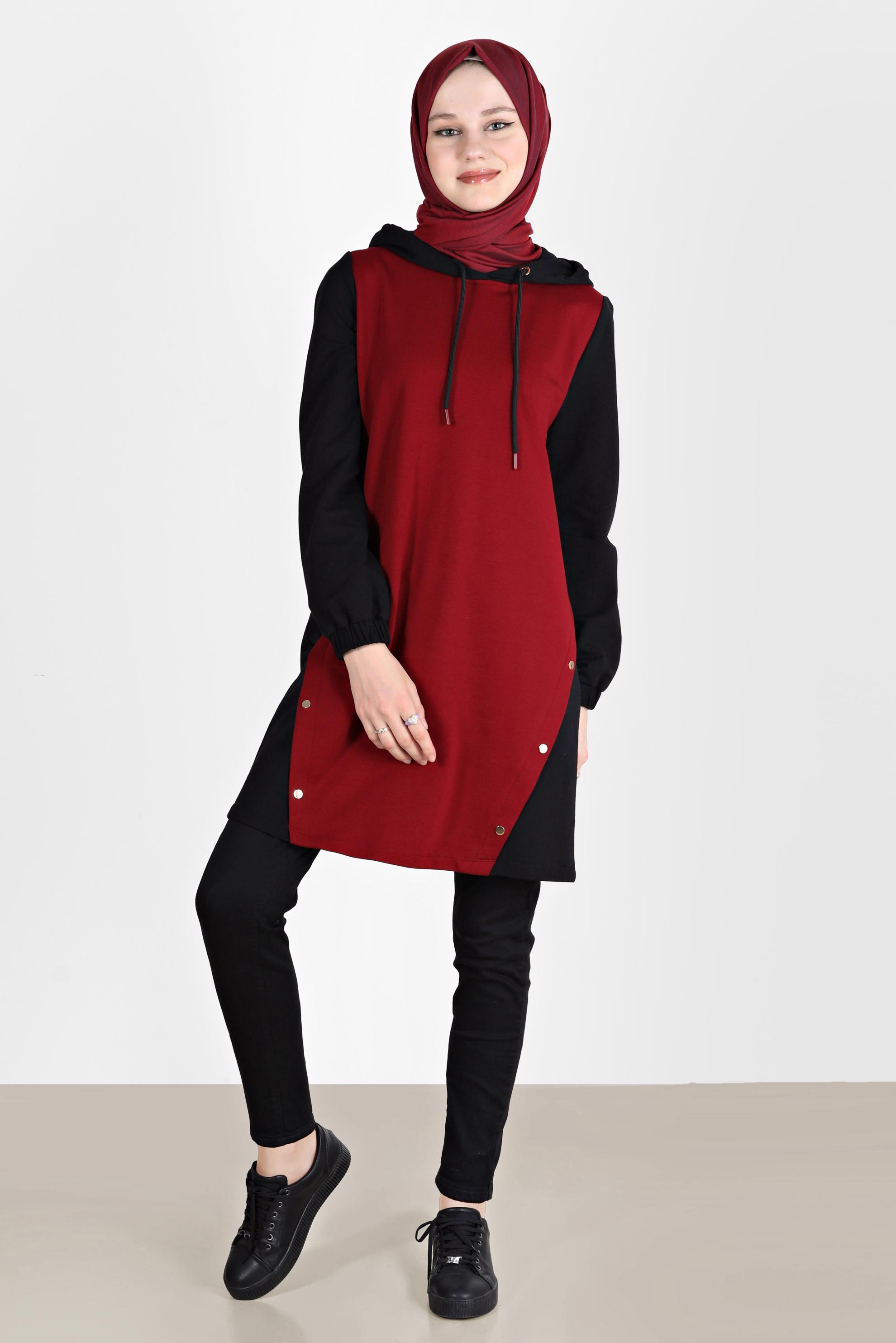 Tesettür giyim SİYAH KAPÜŞONLU ÇITÇIT DETAYLI EŞOFMAN TUNİK 42346 