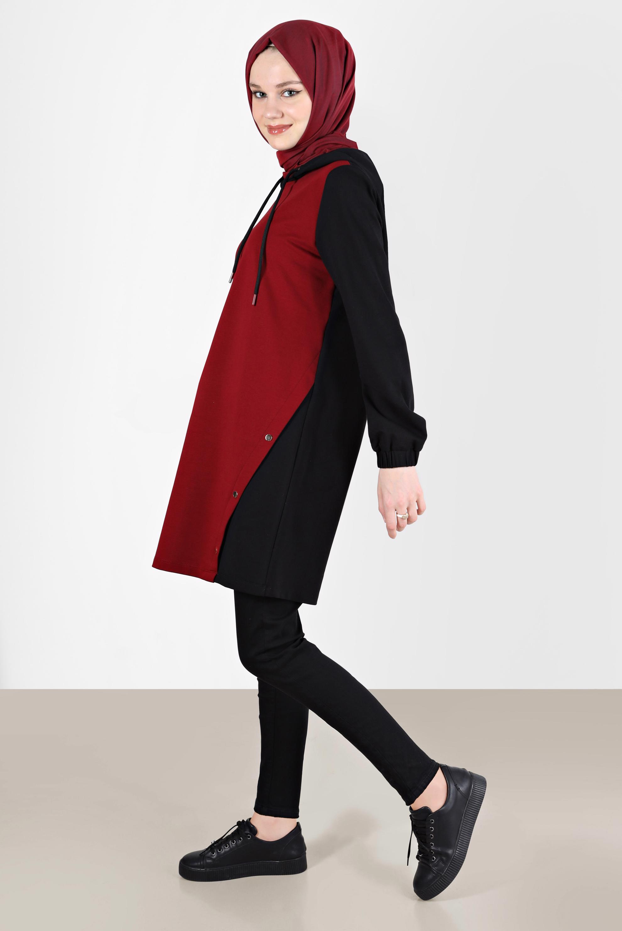 Tesettür giyim SİYAH KAPÜŞONLU ÇITÇIT DETAYLI EŞOFMAN TUNİK 42346 