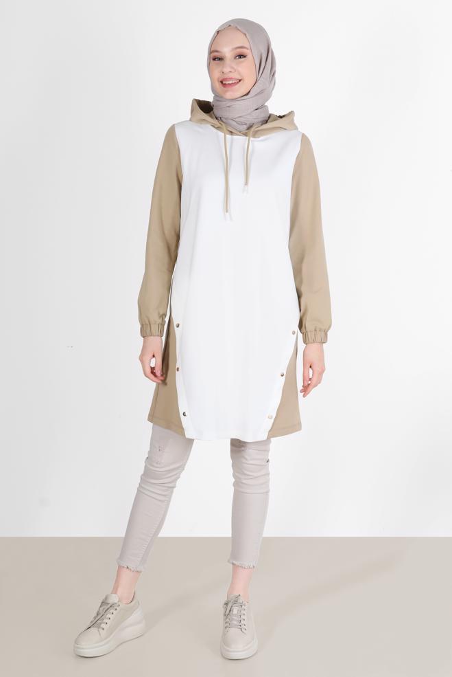 Tesettür giyim BEJ KAPÜŞONLU ÇITÇIT DETAYLI EŞOFMAN TUNİK 42346  - ALVİNA