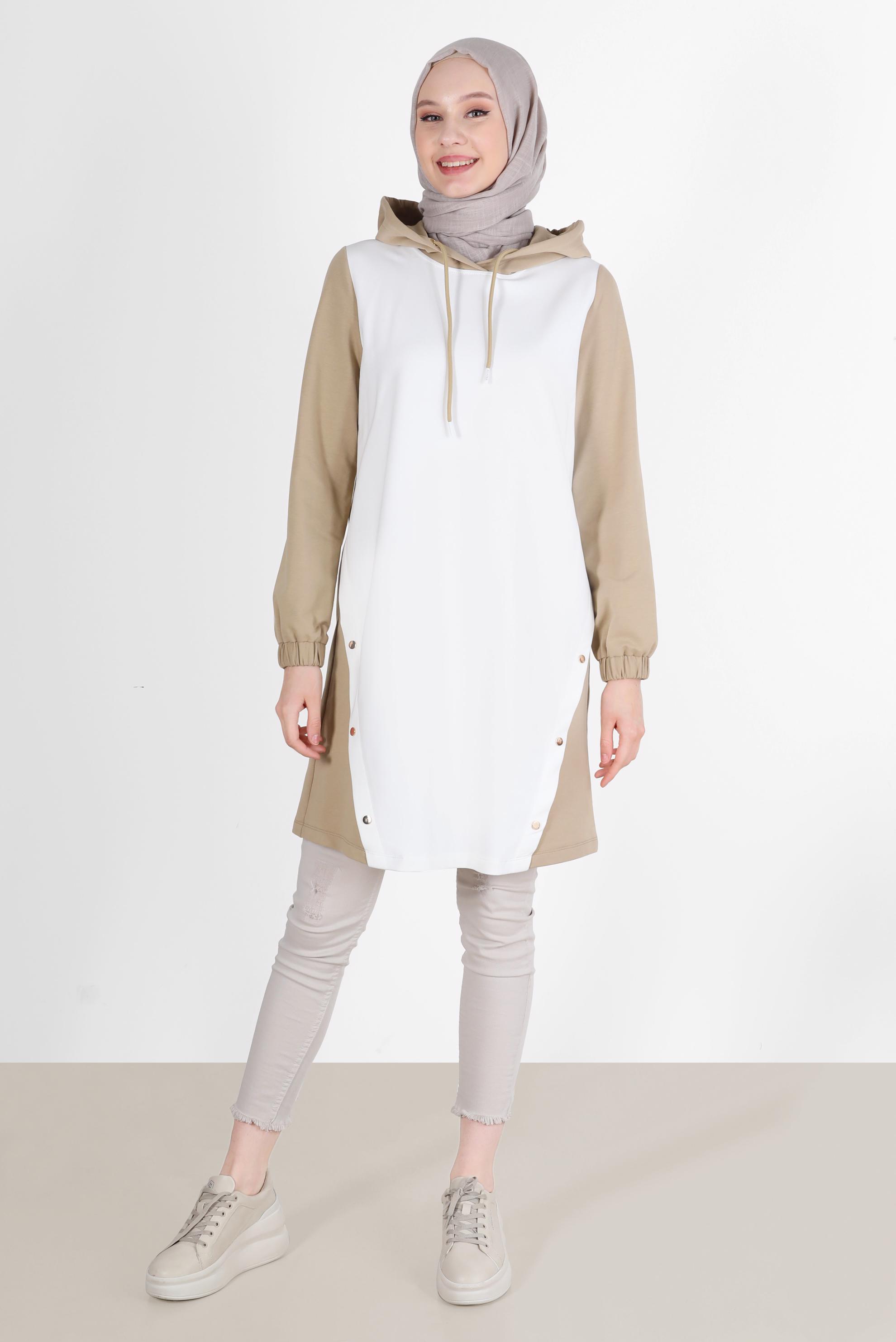Tesettür giyim BEJ KAPÜŞONLU ÇITÇIT DETAYLI EŞOFMAN TUNİK 42346 