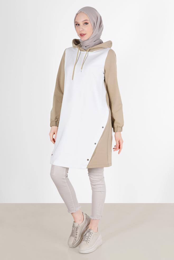 Tesettür giyim BEJ KAPÜŞONLU ÇITÇIT DETAYLI EŞOFMAN TUNİK 42346  - ALVİNA