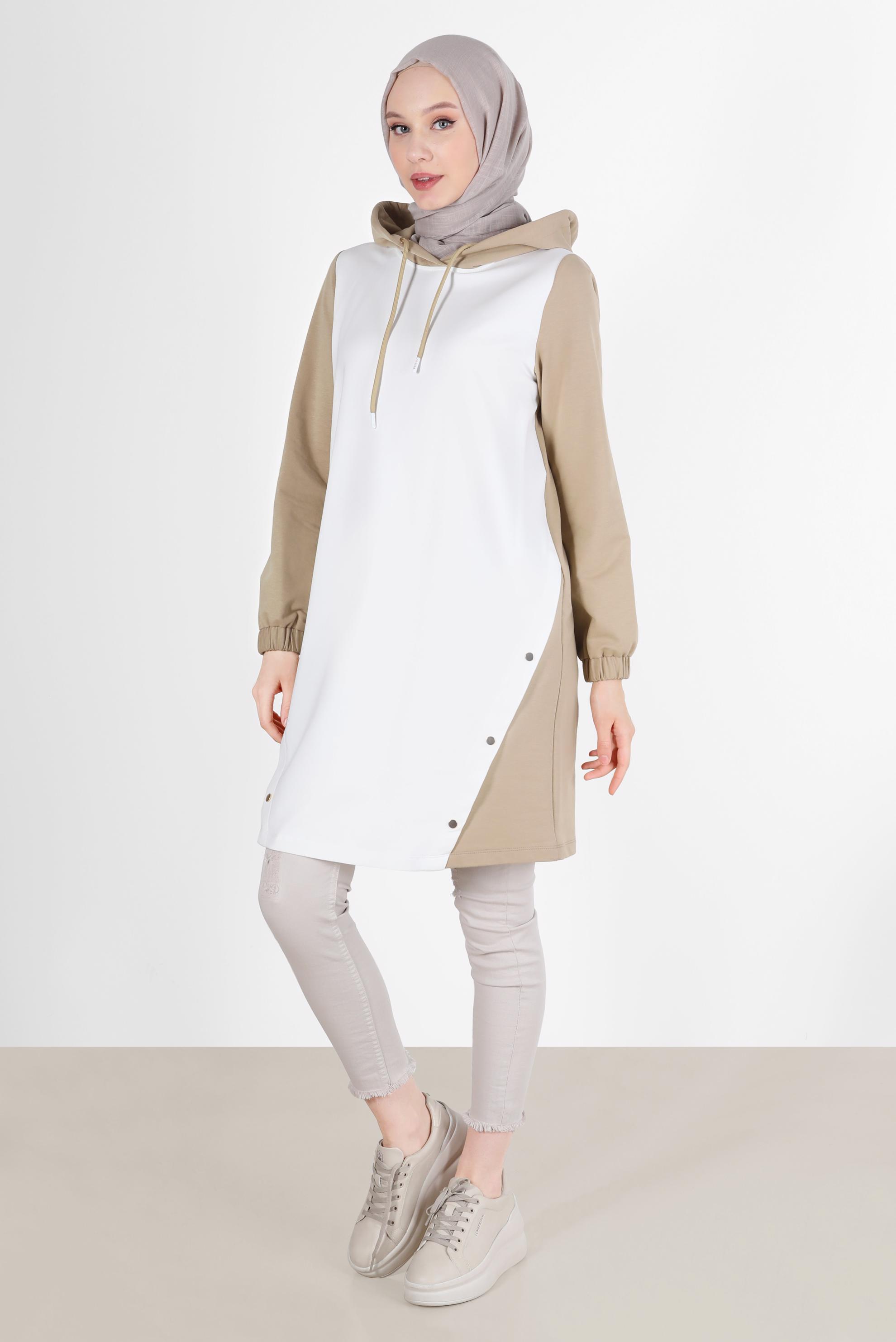 Tesettür giyim BEJ KAPÜŞONLU ÇITÇIT DETAYLI EŞOFMAN TUNİK 42346 