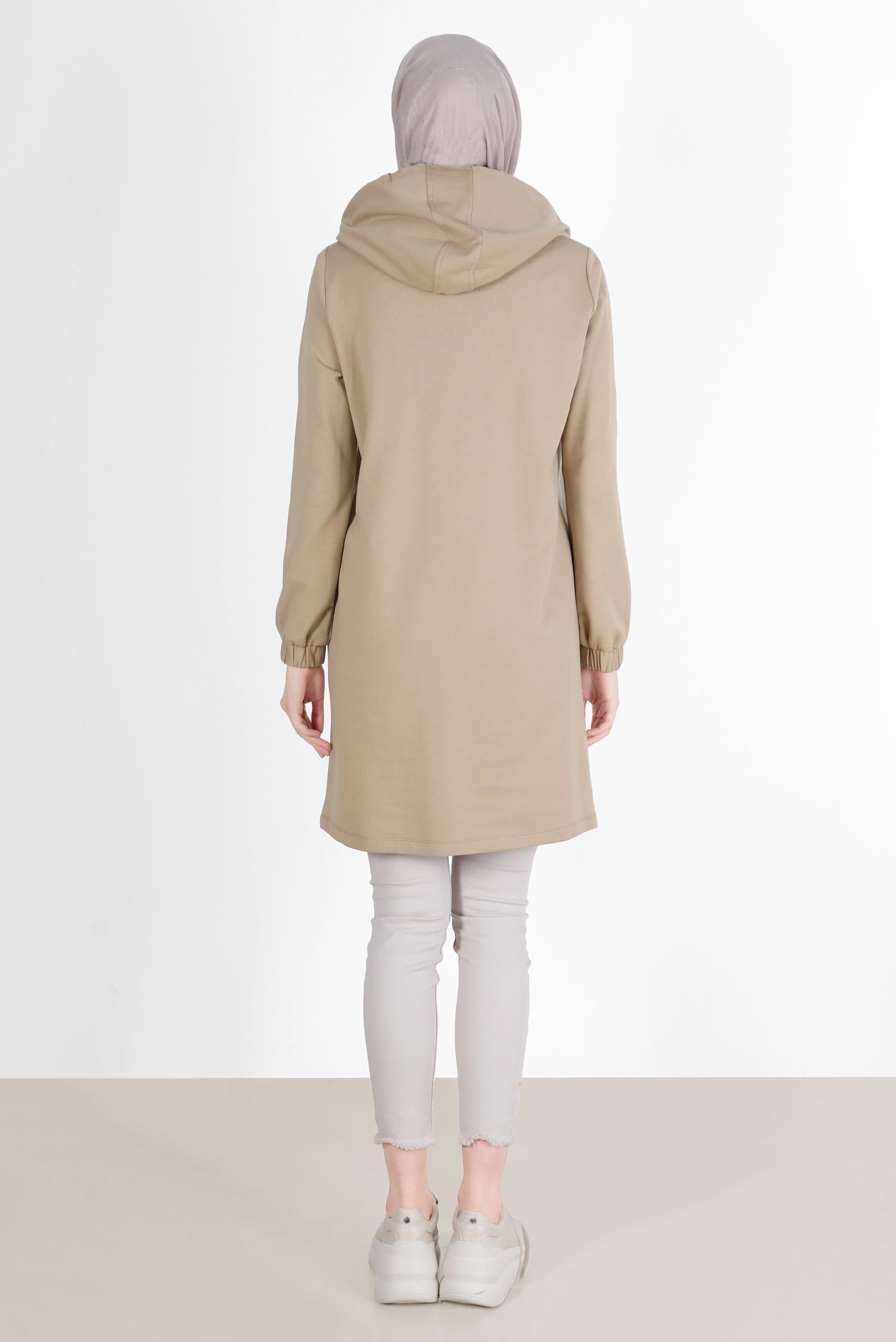 Tesettür giyim BEJ KAPÜŞONLU ÇITÇIT DETAYLI EŞOFMAN TUNİK 42346 