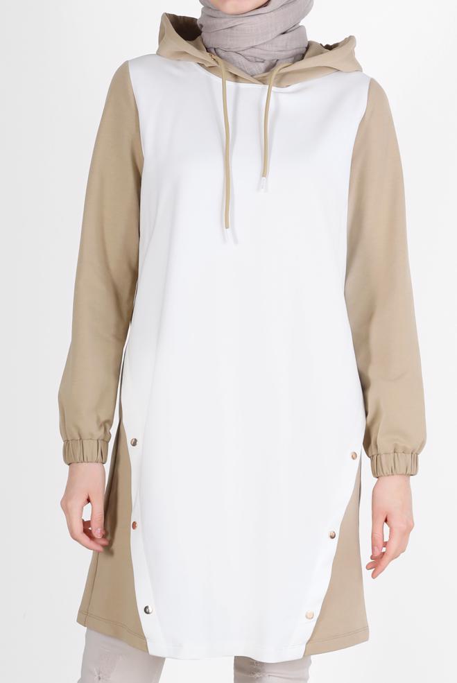 Tesettür giyim BEJ KAPÜŞONLU ÇITÇIT DETAYLI EŞOFMAN TUNİK 42346  - ALVİNA