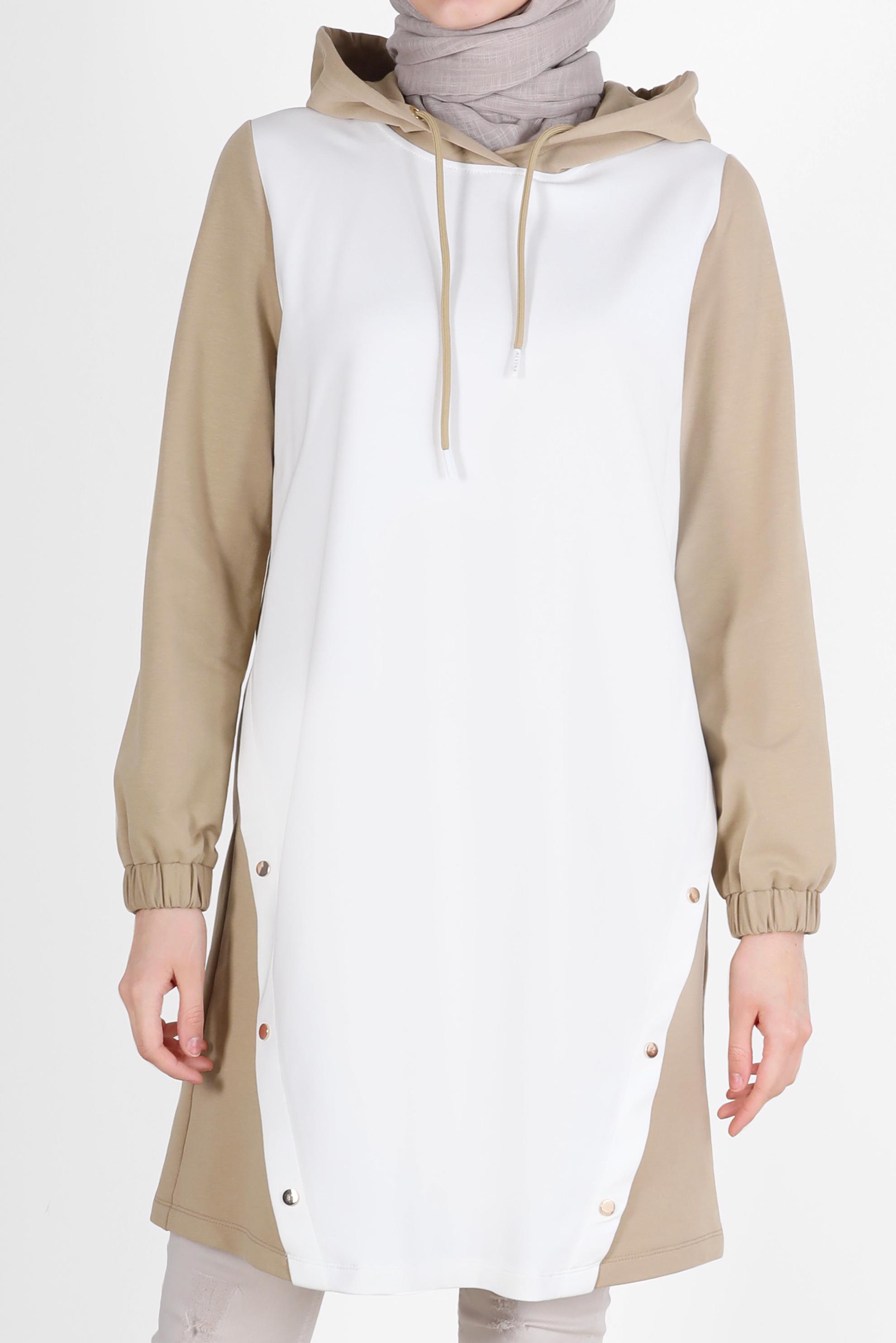 Tesettür giyim BEJ KAPÜŞONLU ÇITÇIT DETAYLI EŞOFMAN TUNİK 42346 