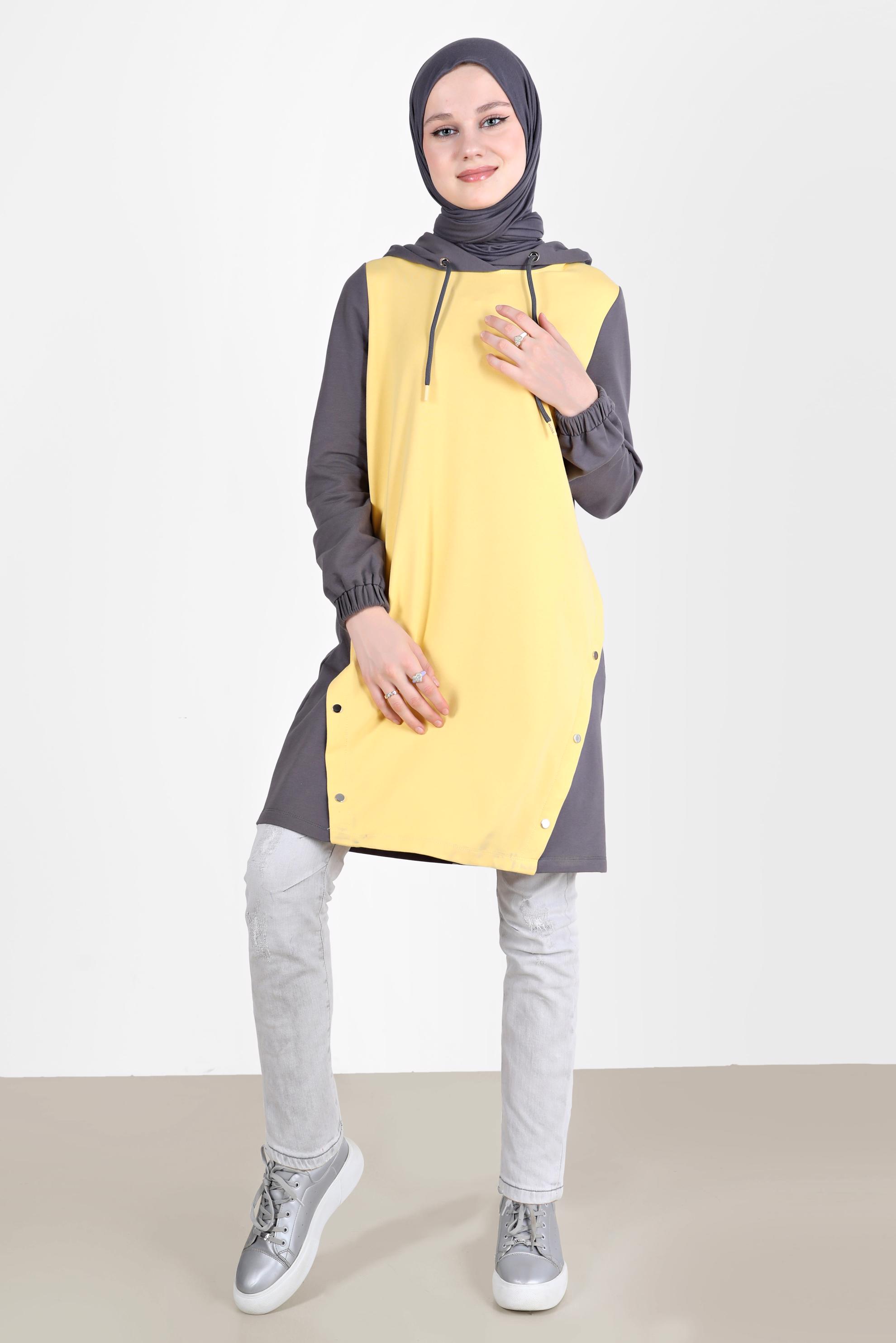 Tesettür giyim GRİ KAPÜŞONLU ÇITÇIT DETAYLI EŞOFMAN TUNİK 42346 