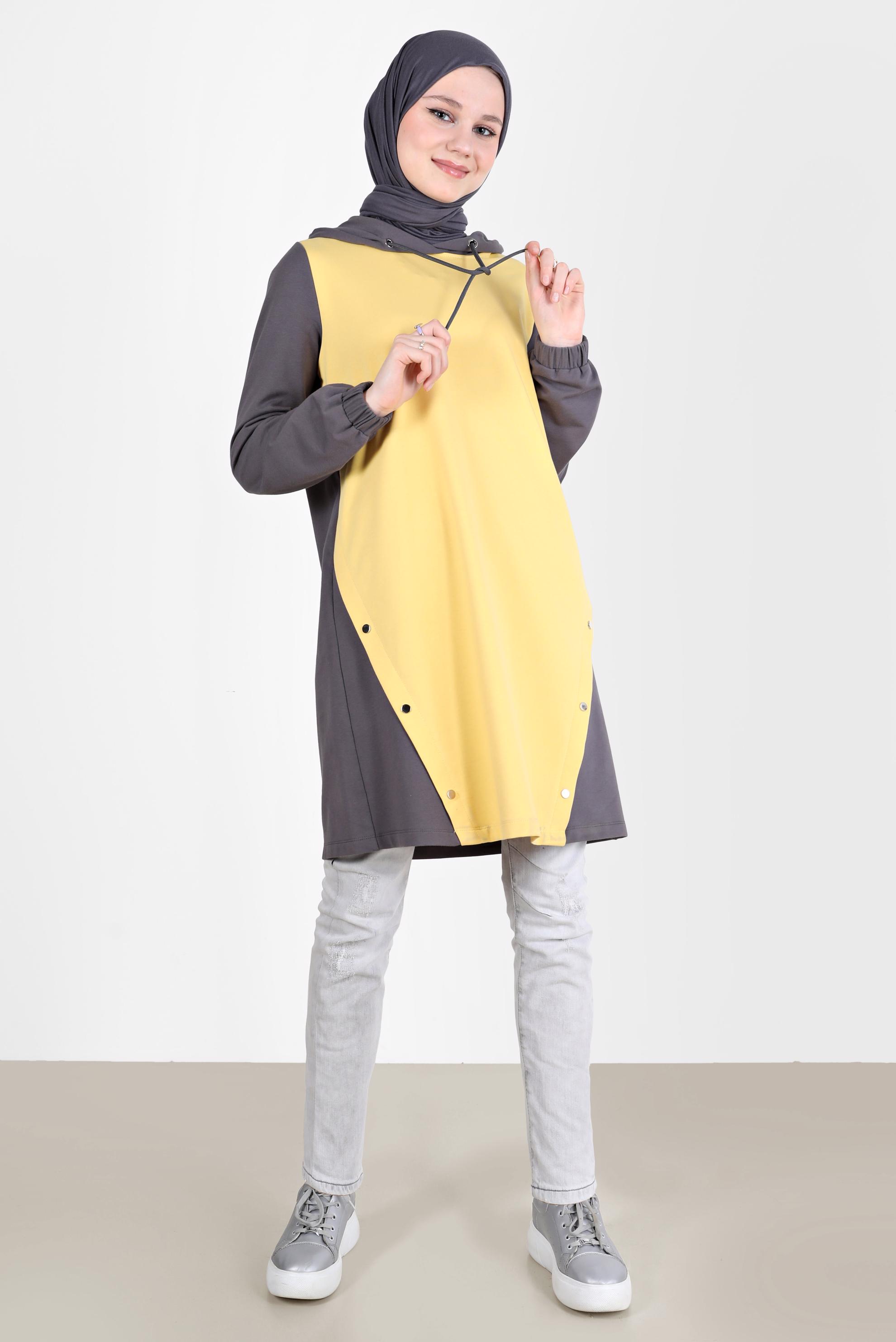 Tesettür giyim GRİ KAPÜŞONLU ÇITÇIT DETAYLI EŞOFMAN TUNİK 42346 