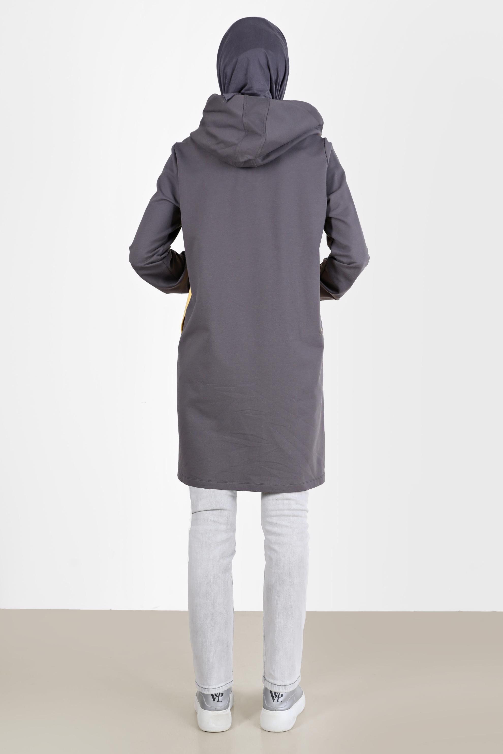 Tesettür giyim GRİ KAPÜŞONLU ÇITÇIT DETAYLI EŞOFMAN TUNİK 42346 