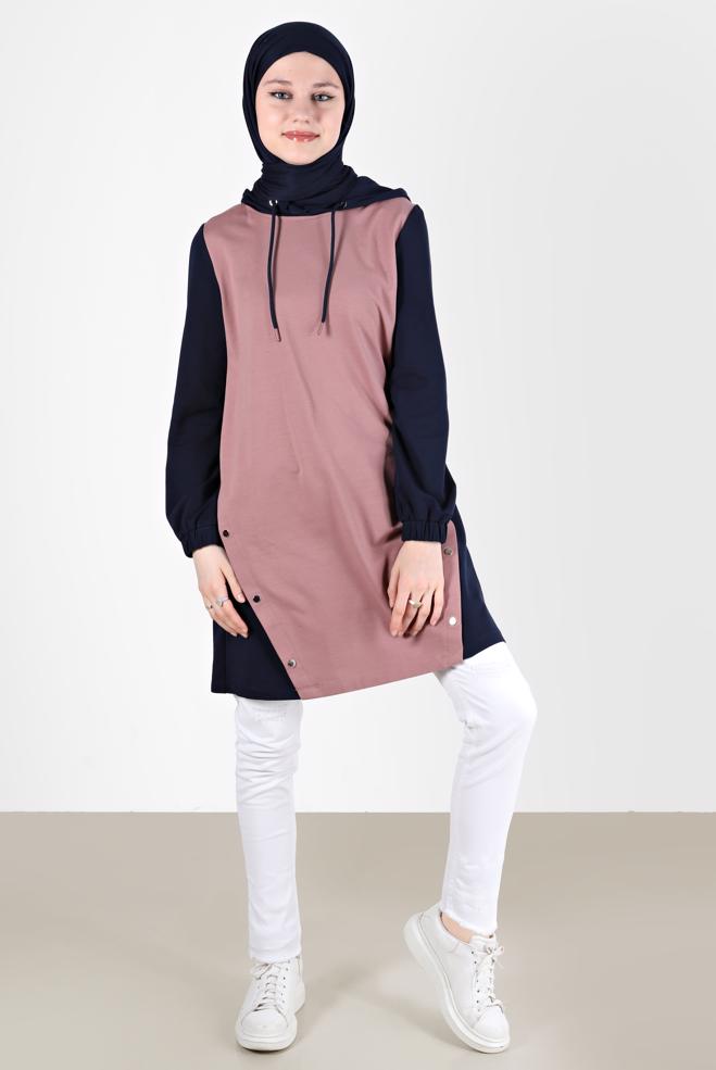 Tesettür giyim LACİVERT KAPÜŞONLU ÇITÇIT DETAYLI EŞOFMAN TUNİK 42346  - ALVİNA