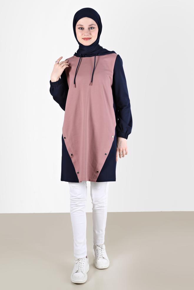 Tesettür giyim LACİVERT KAPÜŞONLU ÇITÇIT DETAYLI EŞOFMAN TUNİK 42346  - ALVİNA