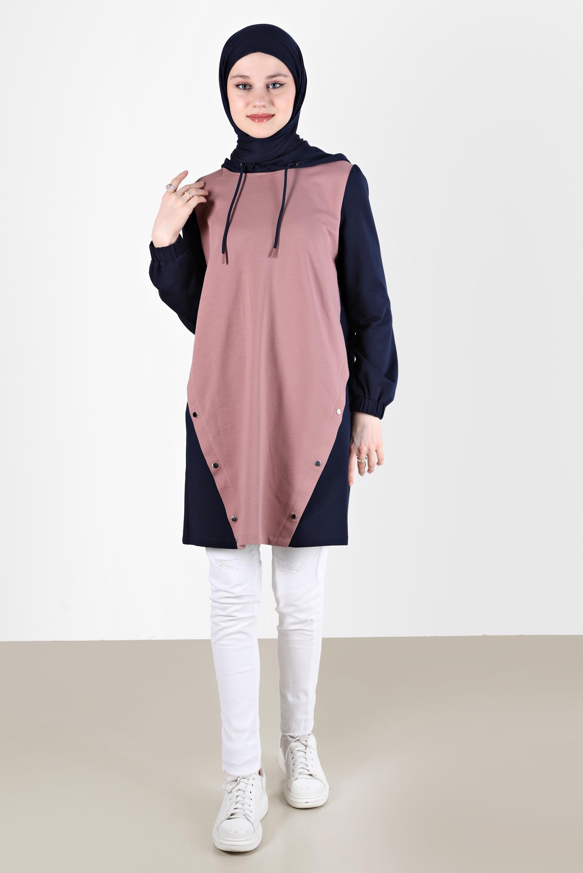 Tesettür giyim LACİVERT KAPÜŞONLU ÇITÇIT DETAYLI EŞOFMAN TUNİK 42346 