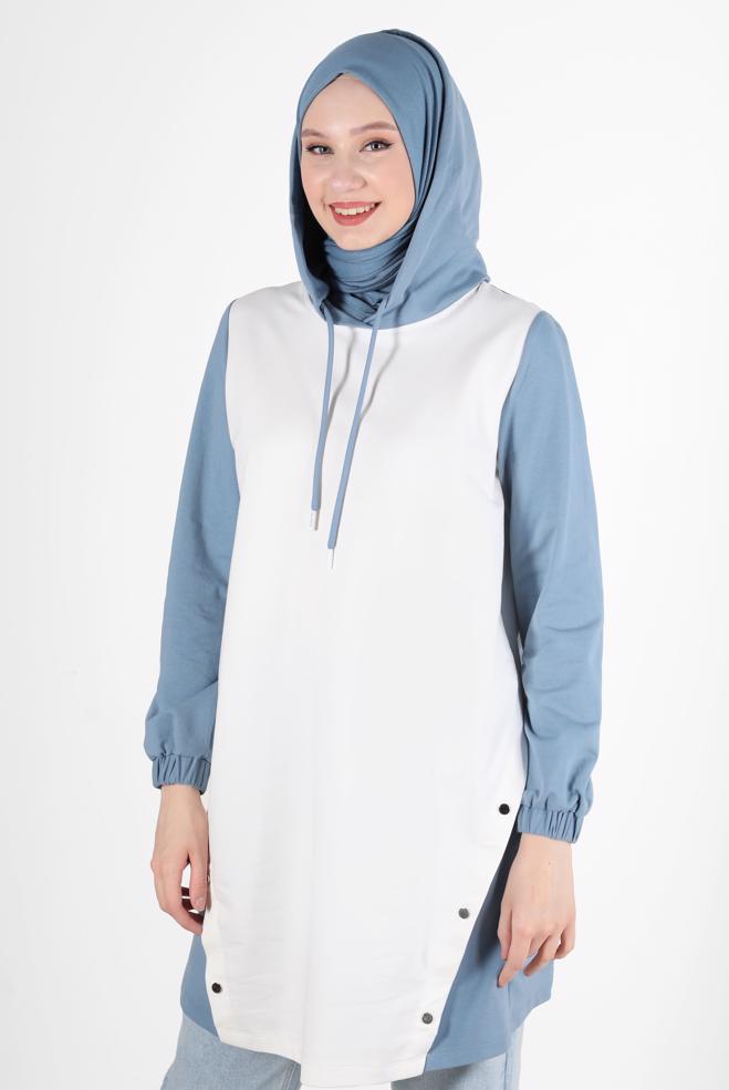 Tesettür giyim MAVİ KAPÜŞONLU ÇITÇIT DETAYLI EŞOFMAN TUNİK 42346  - ALVİNA