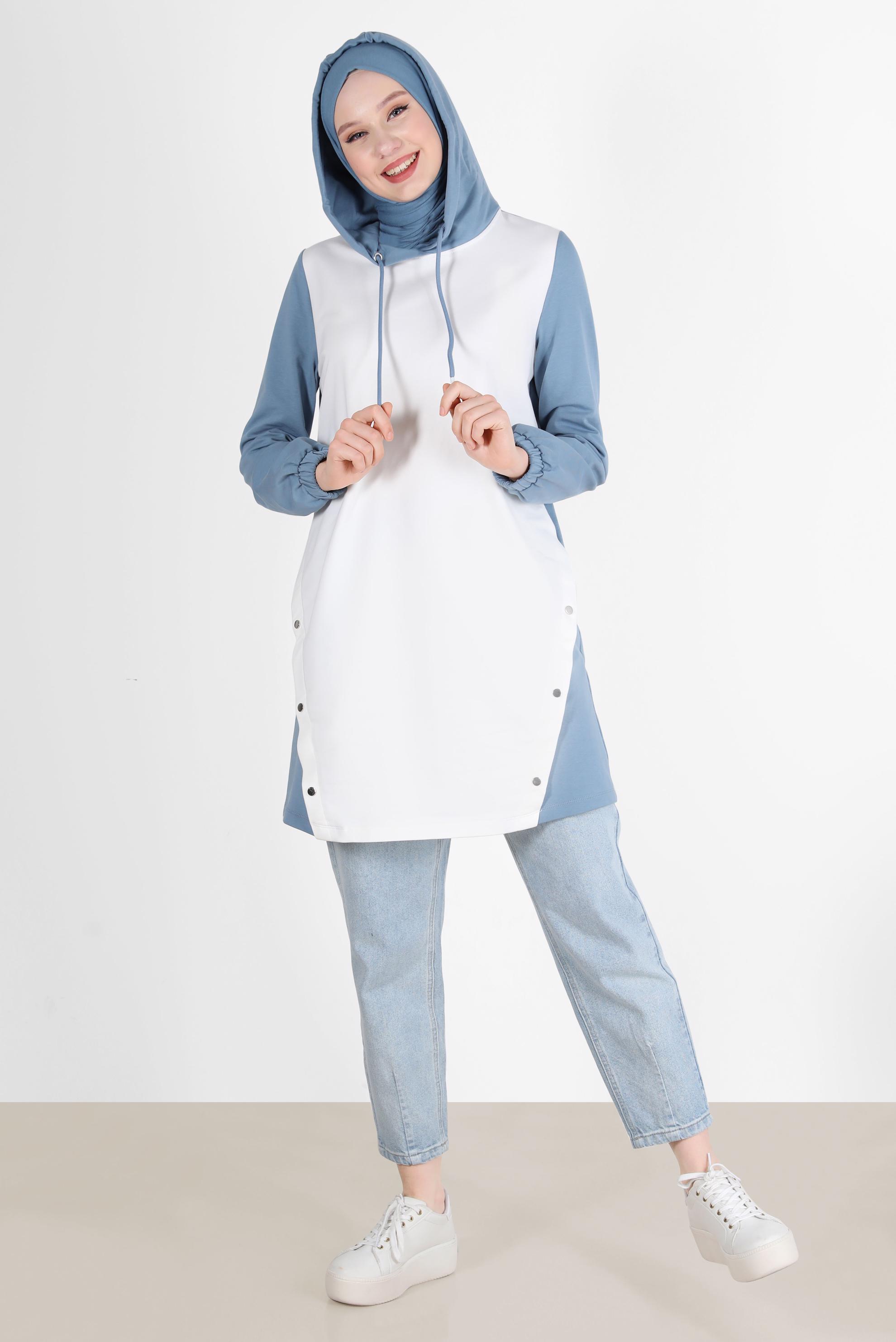Tesettür giyim MAVİ KAPÜŞONLU ÇITÇIT DETAYLI EŞOFMAN TUNİK 42346 